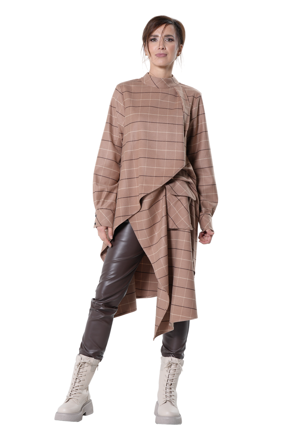Thumbnail: Metamorphoza Brown Checked Asymmetric Tunic Shirt