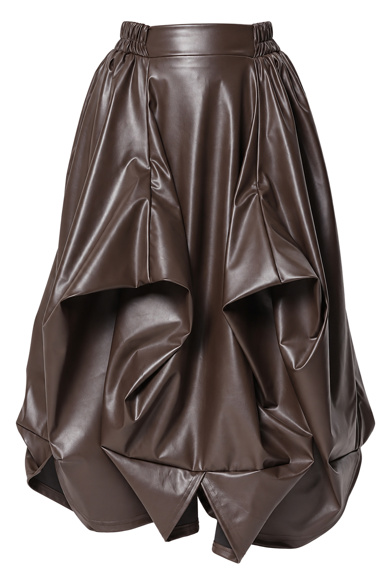 Metamorphoza Brown Vegan Leather Midi Skirt with Sculptural Folds and Gloves Set