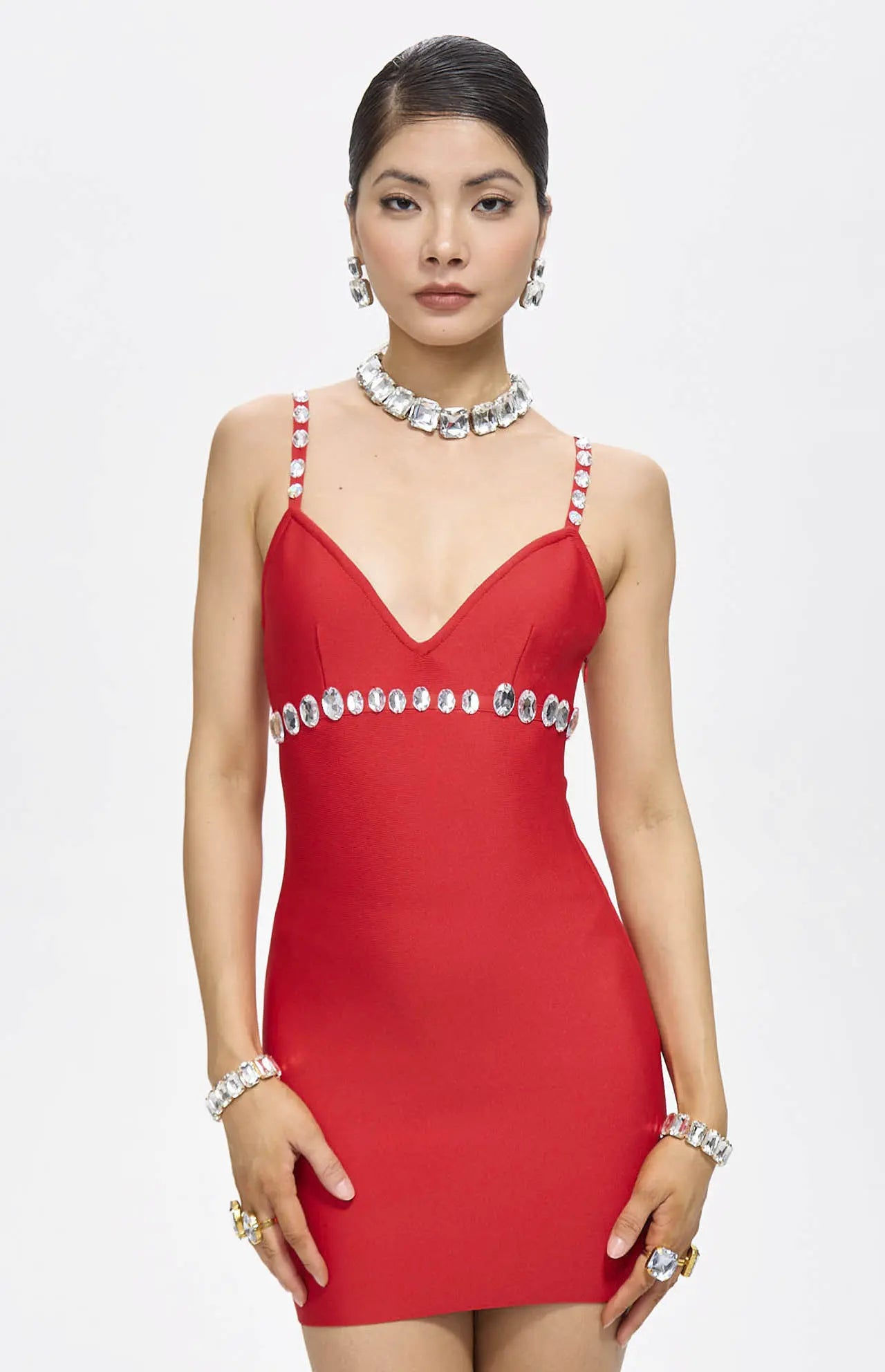 Comma Embellished Crystal Bandage Mini Dress Red