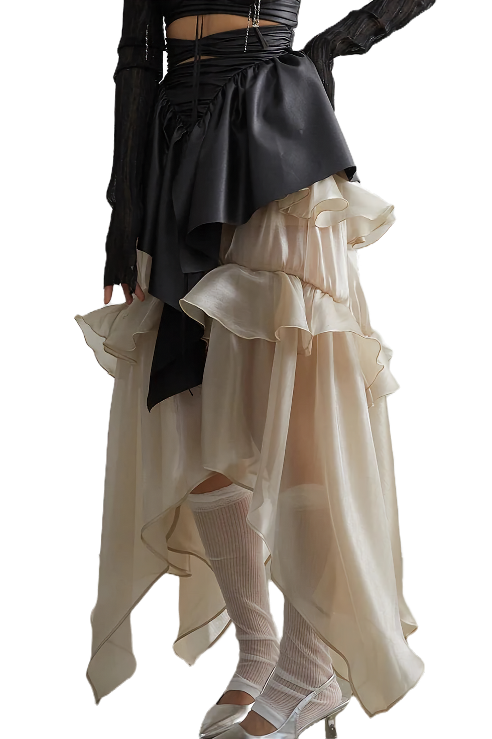 Thumbnail: Marigold Shadows Champagne Asymmetrical Ruffle Skirt