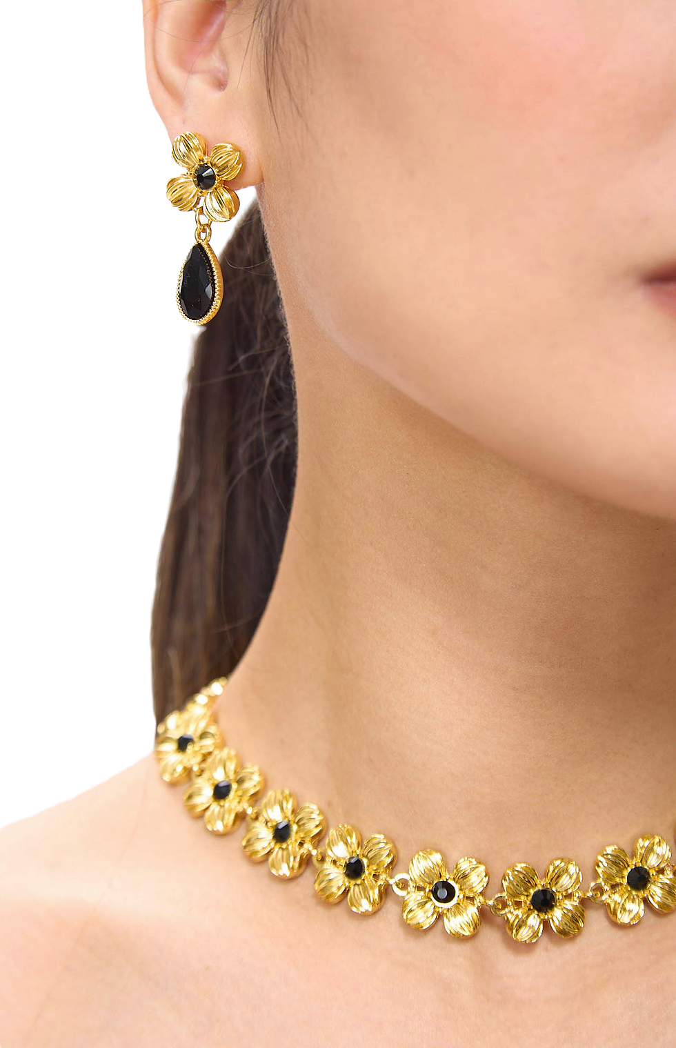 Thumbnail: GUZUNDSTRAUS Eeva Retro Flower Golden Earrings & Necklace Set