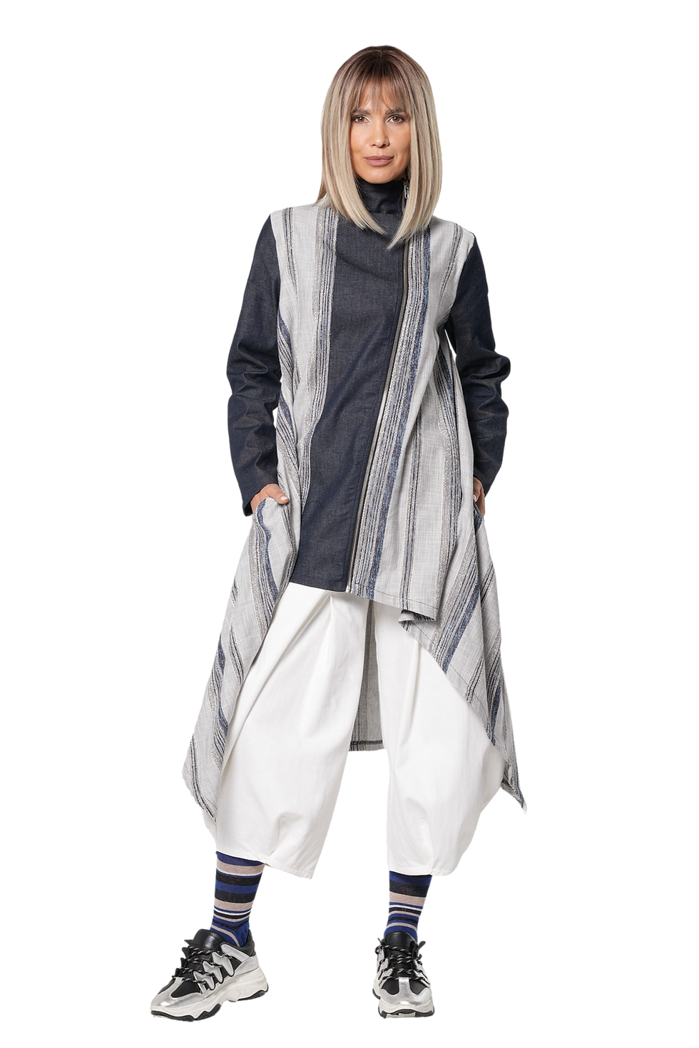 Metamorphoza High-Low Denim Tunic Top with Striped Panels