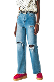 Q2 Straight Jean in Medium Wash With Rip and Split Hem