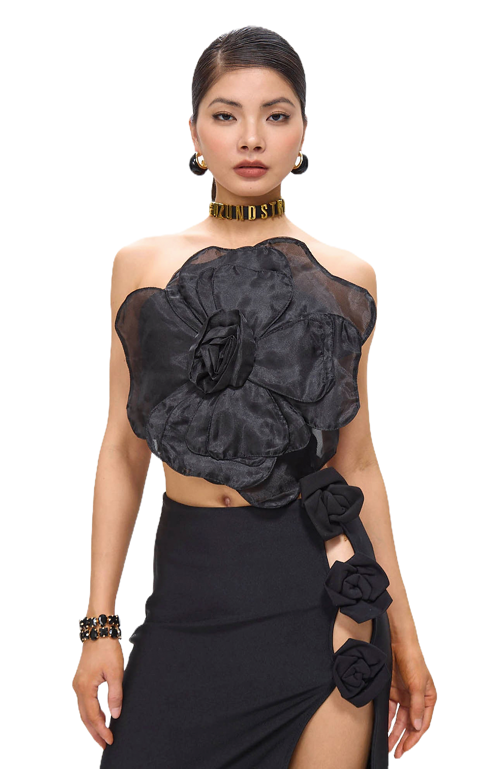 GUZUNDSTRAUS Lila Black Flower Decor Strapless Top