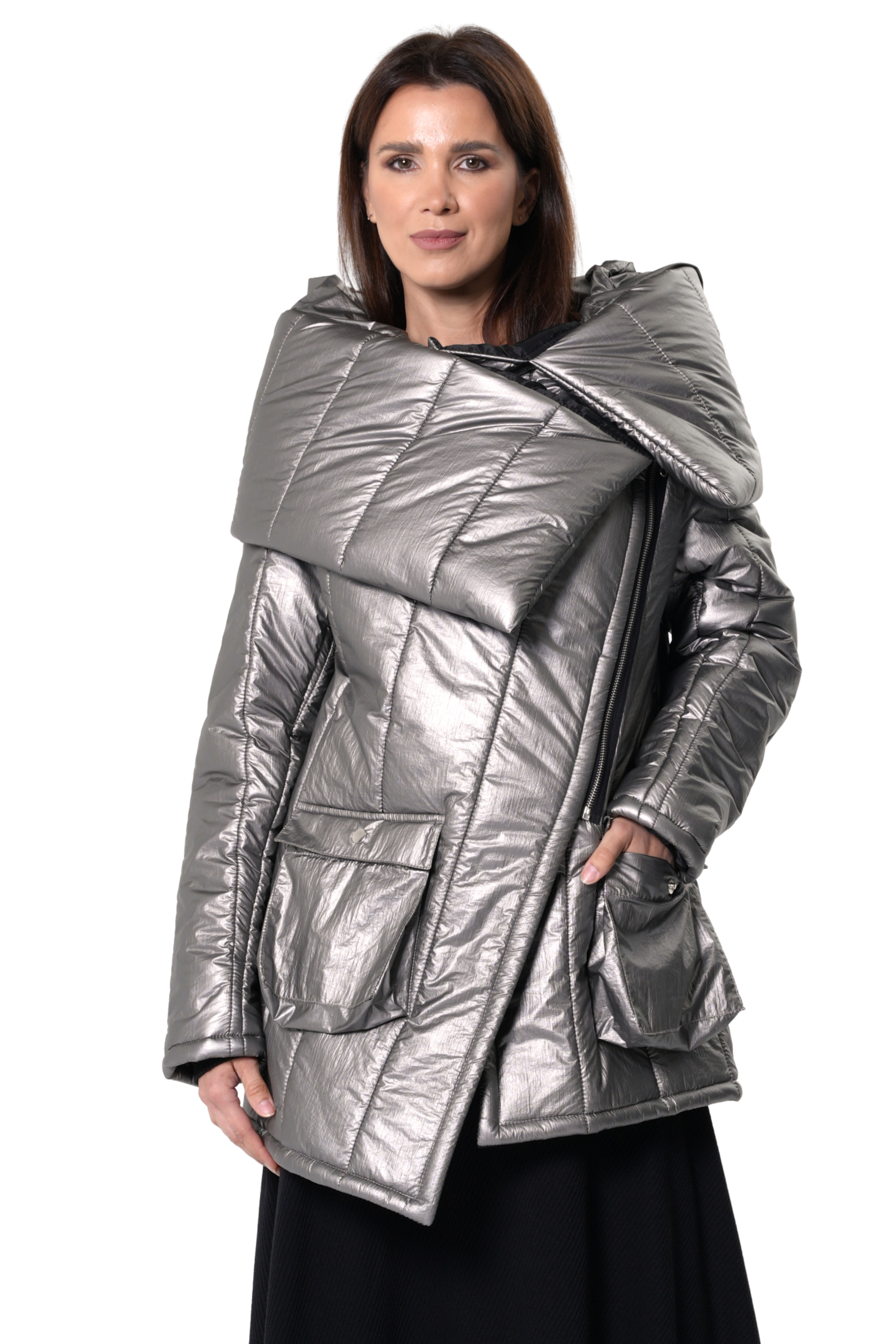 Metamorphoza Large Collar Puffer Jacket in Silver