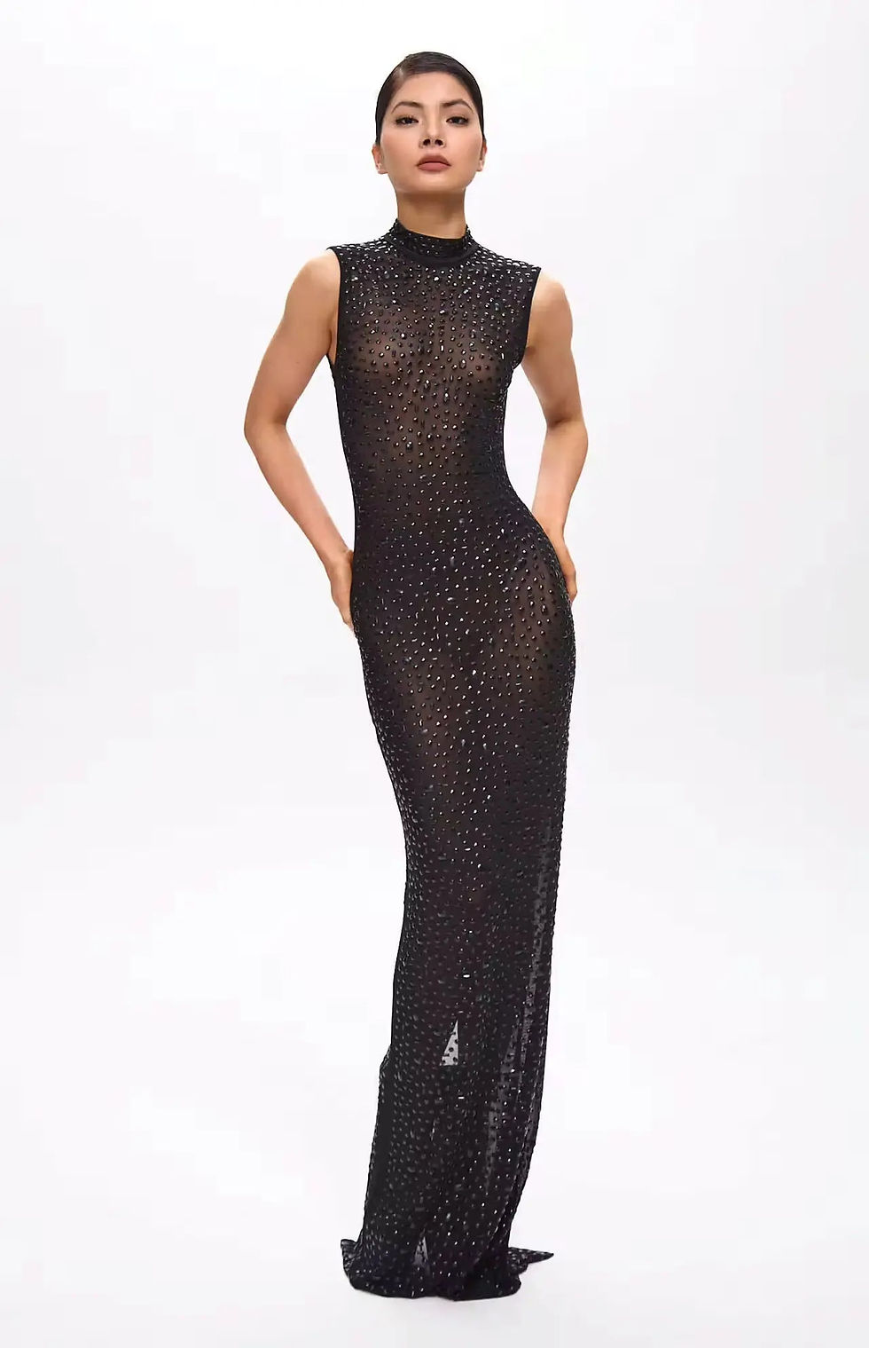 Thumbnail: "Rain" Embellished Black Crystal Maxi Dress