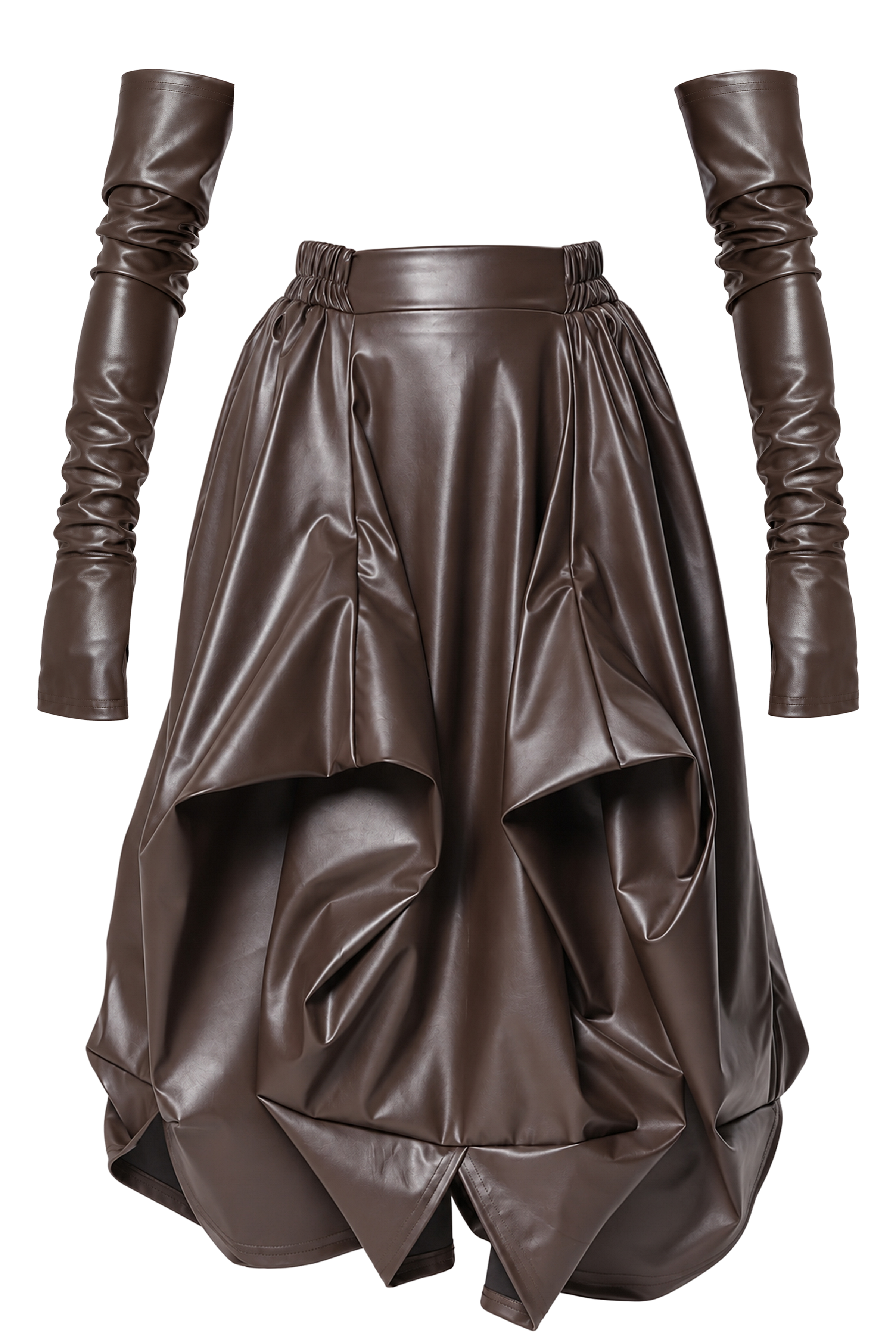 Metamorphoza Brown Vegan Leather Midi Skirt with Sculptural Folds and Gloves Set