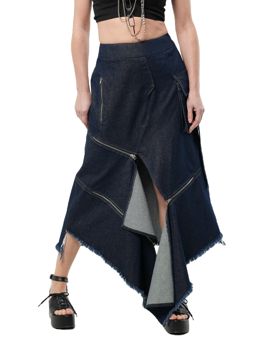 Thumbnail: Metamorphoza Asymmetrical Denim Long Skirt with Zippers