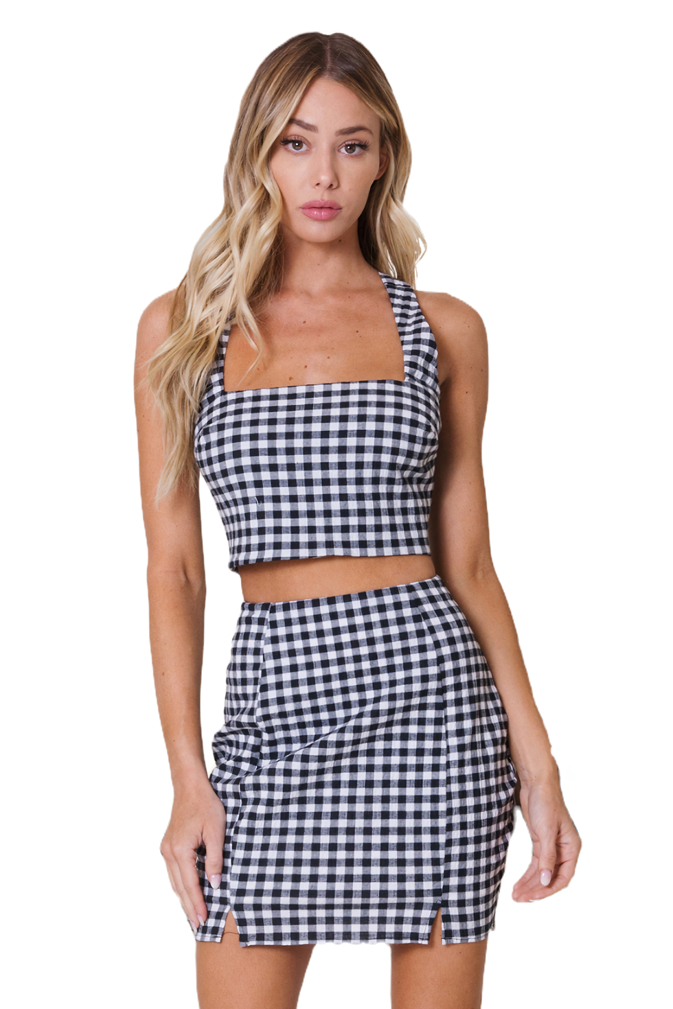 RESAMON Blue Plaid Matching Set with Square Neck Top and Skirt