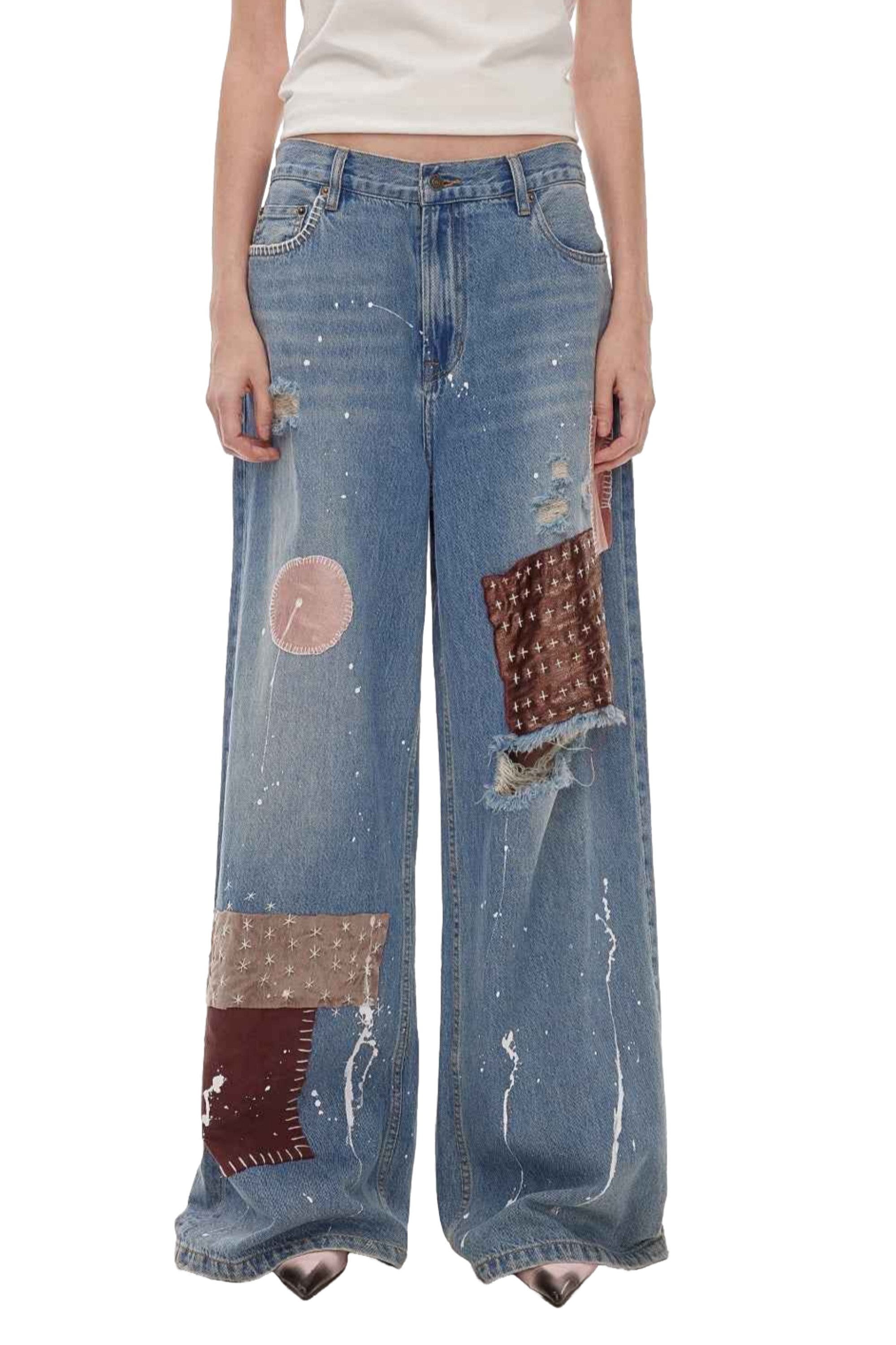 Firelady Fur "Uninhibited Splicing" Retro Mid-Low Waist Patch Wide-Leg Jeans