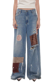 Firelady Fur "Uninhibited Splicing" Retro Mid-Low Waist Patch Wide-Leg Jeans