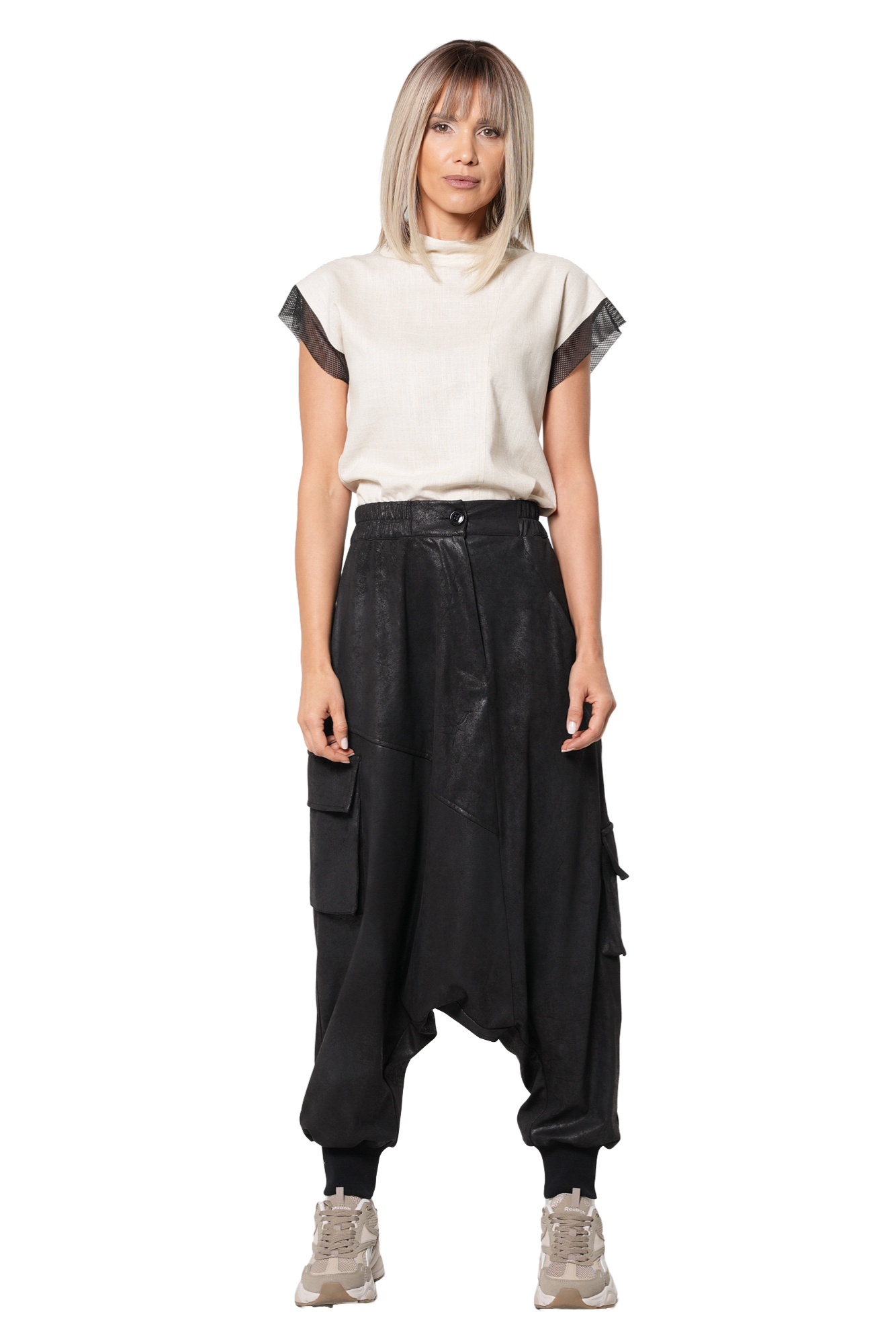 Metamorphoza Faux Suede Drop Crotch Pants with Cargo Pockets