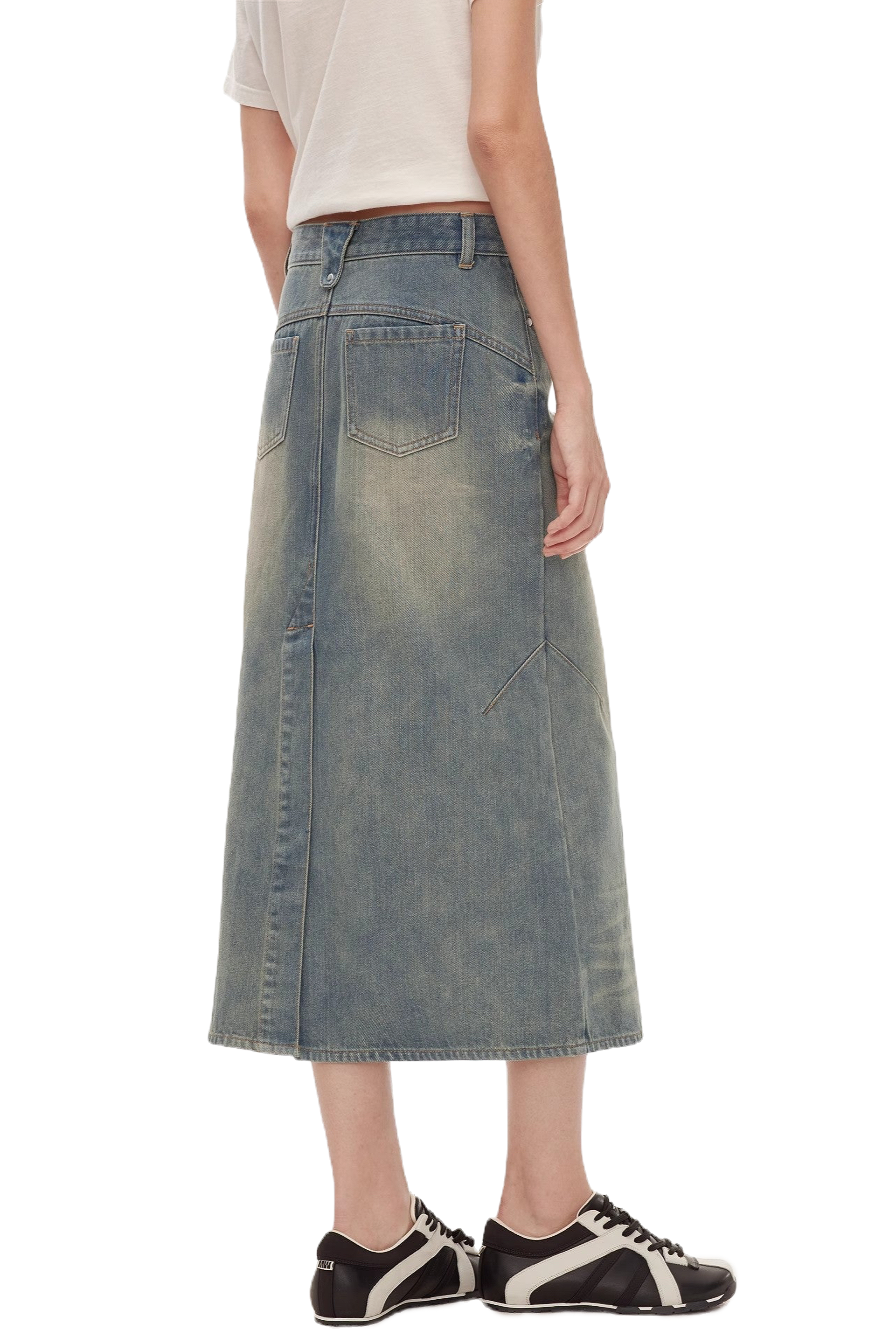 Firelady Fur "Dawn Denim" Retro Enzyme Washed Mid-Low Waist Flared Denim Skirt