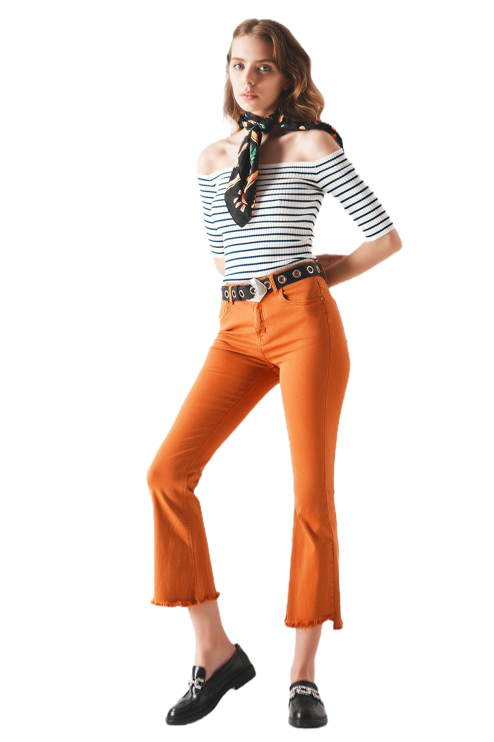 Q2 Stripe Bardot Top in Navy