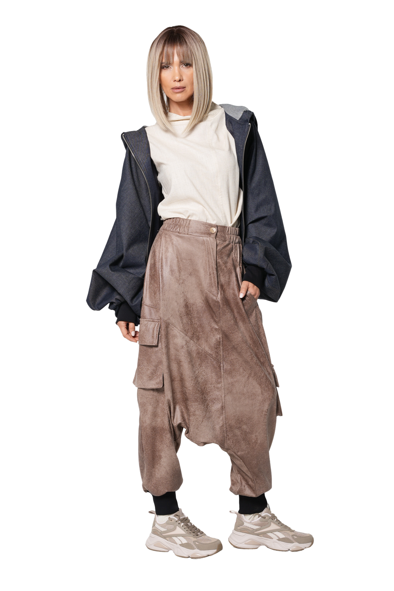 Metamorphoza Faux Suede Drop Crotch Pants with Cargo Pockets