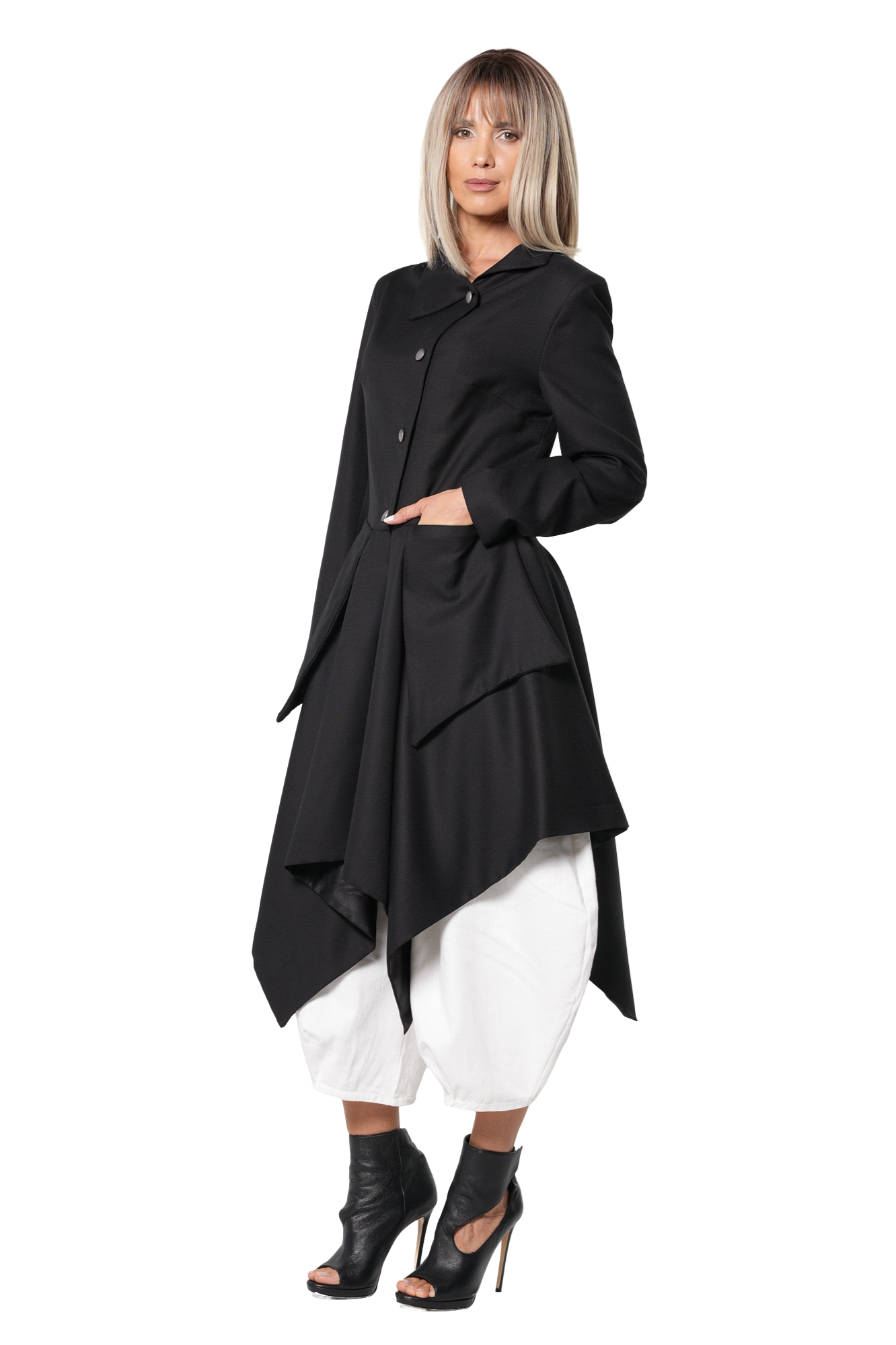 Metamorphoza 100% Wool Asymmetric Long Coat with Statement Pockets