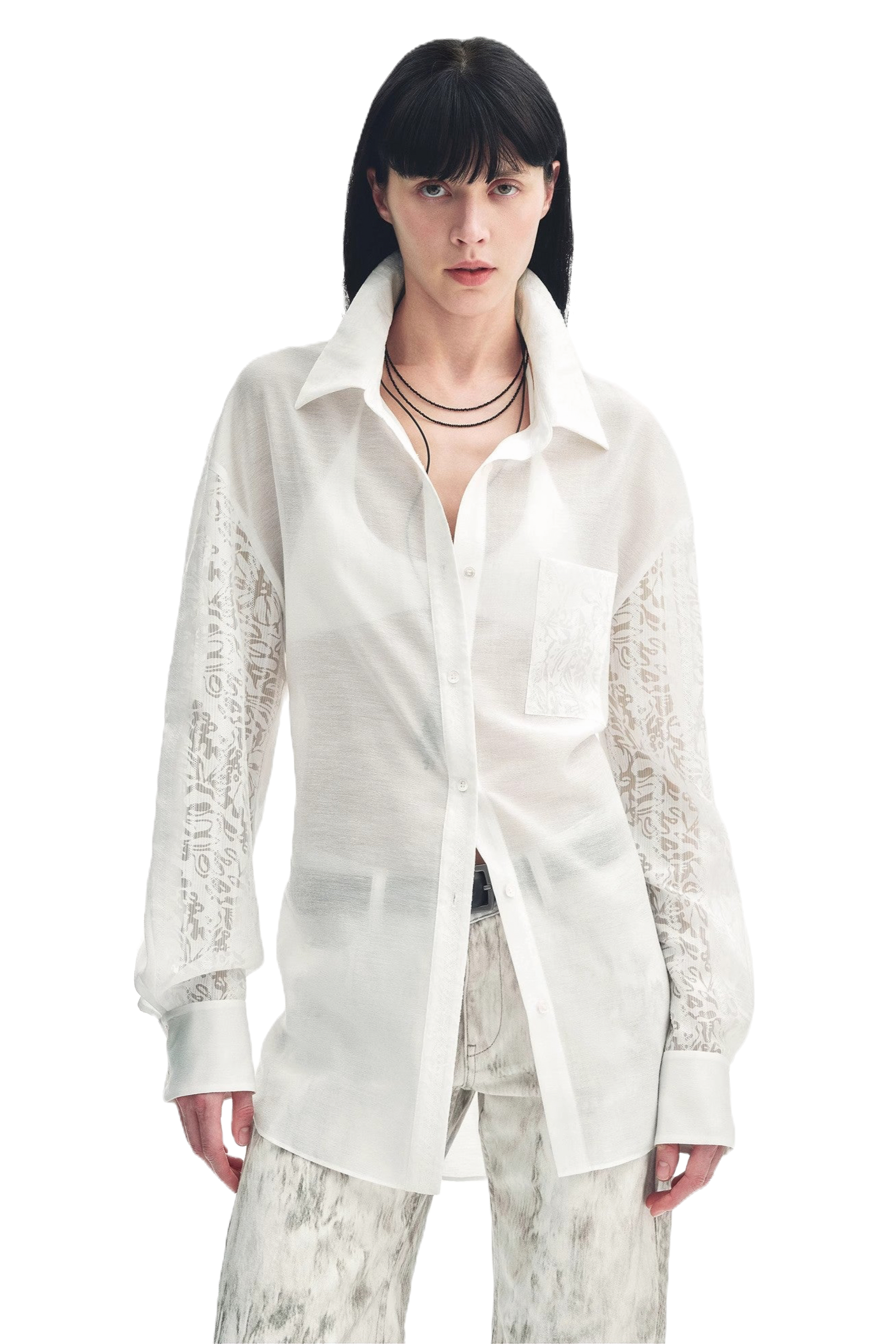 Firelady Fur "Ideal Spring Day" Jacquard Lace Sleeve Shoulder Shirt