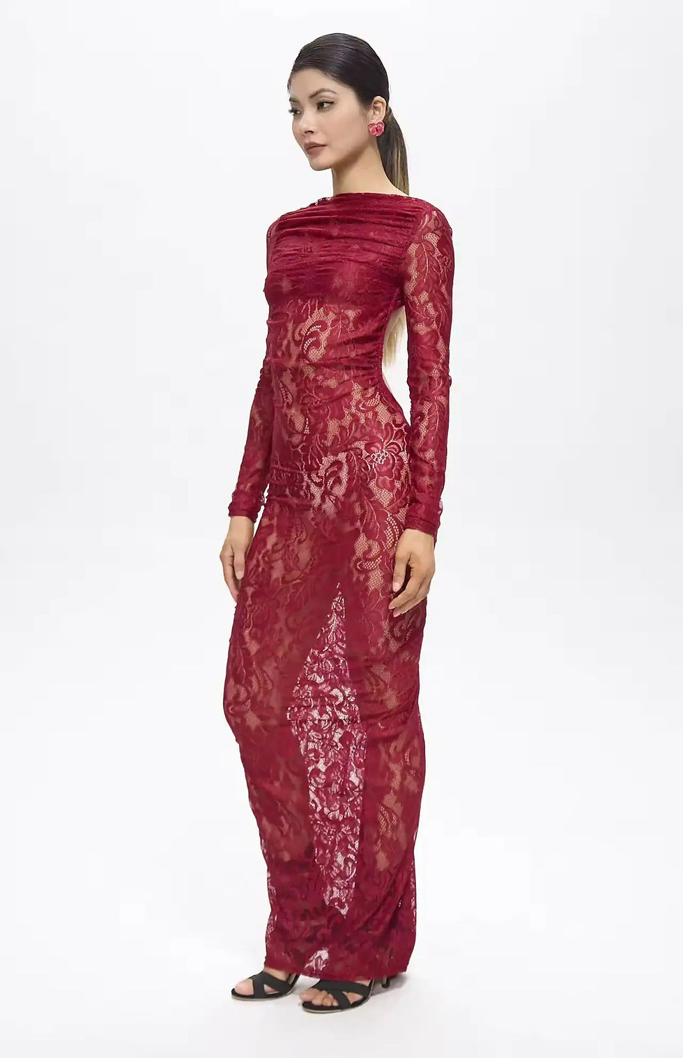 Thumbnail: "Dinner is set" Backless Scunch Lace Maxi Dress Red