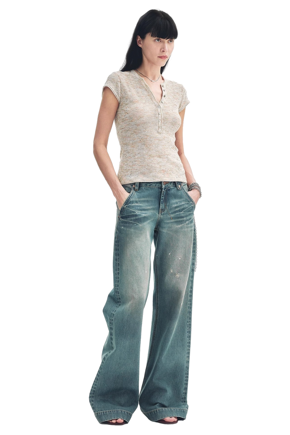 Thumbnail: Firelady Fur "Minimalist Light Gap" Cotton and Linen Blend Sequined T-Shirt