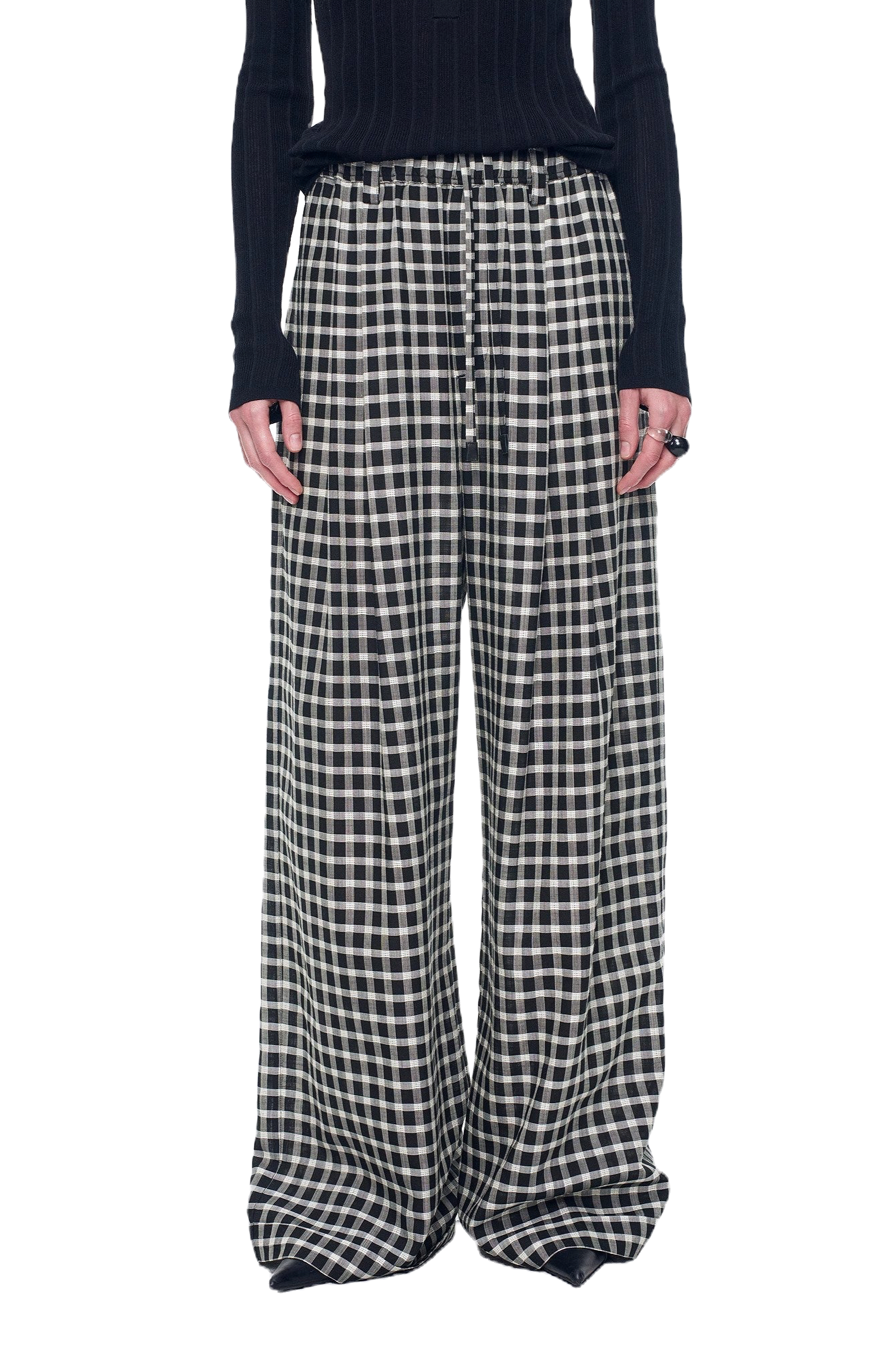 Firelady Fur "Plaid Accent" National Style Jacquard/Drape Linen Retro Pants in Black/white