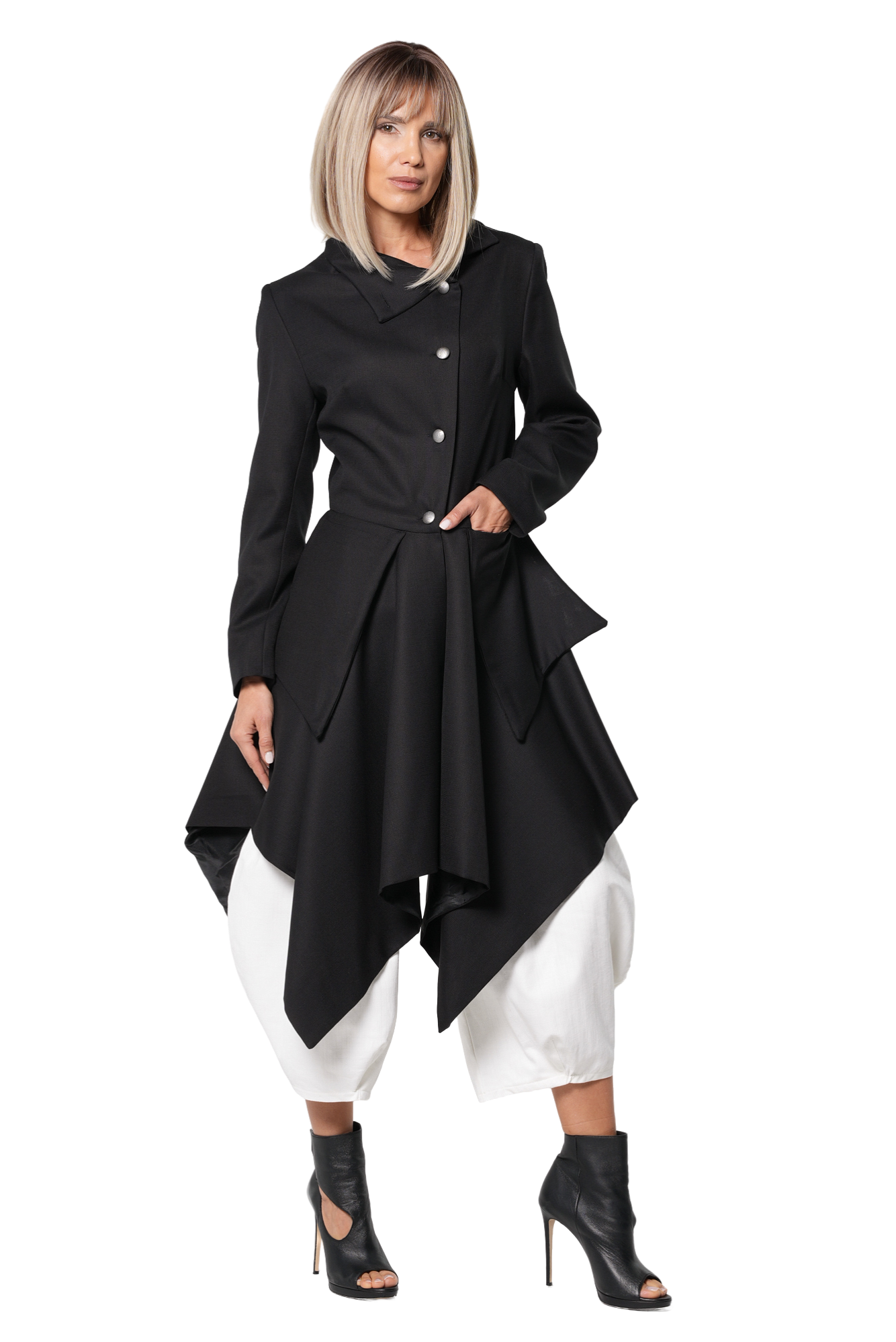 Metamorphoza 100% Wool Asymmetric Long Coat with Statement Pockets