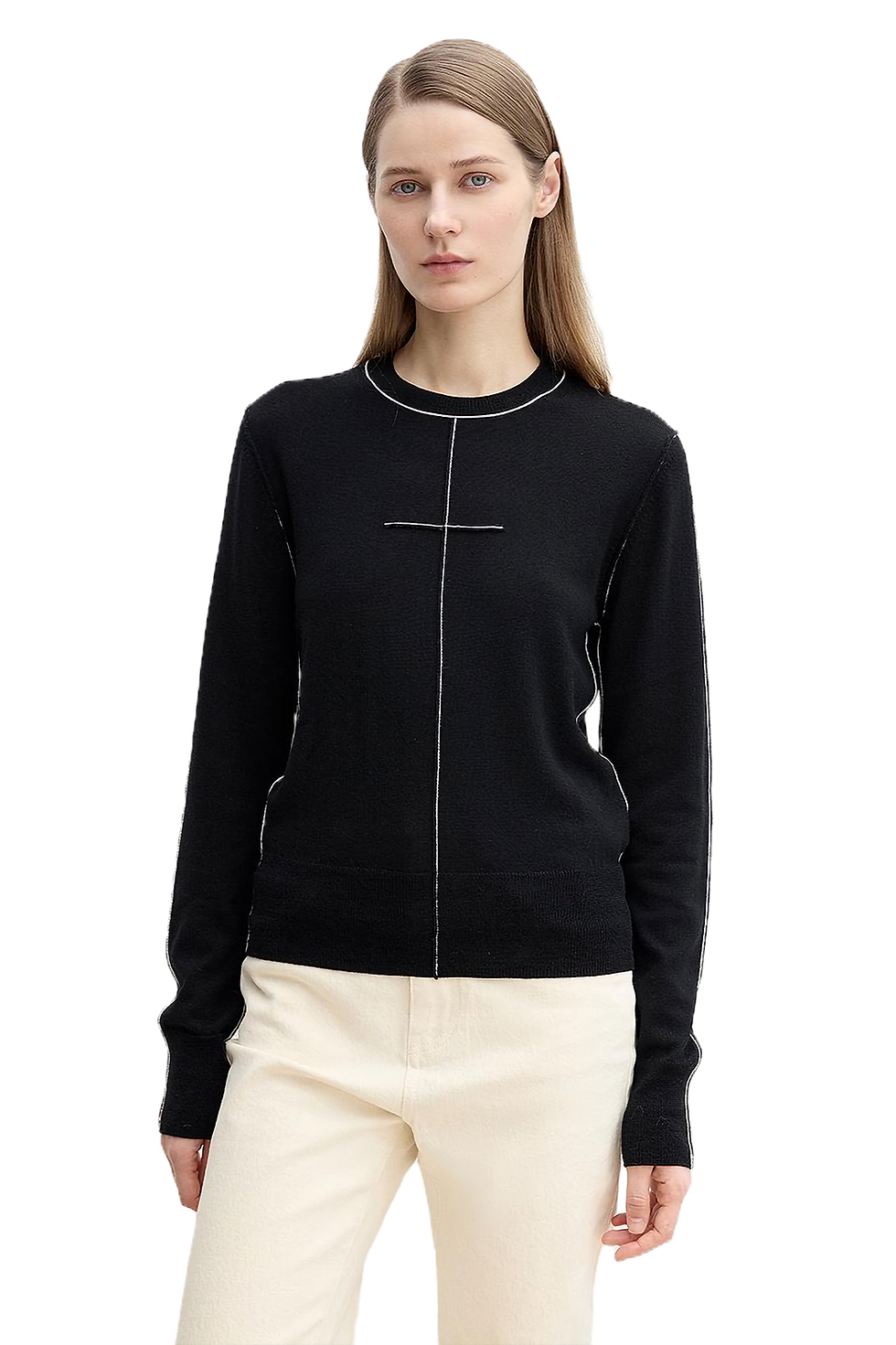 Firelady Fur “Imbell" Contrast Stitch Wool Knit Long Sleeve Top