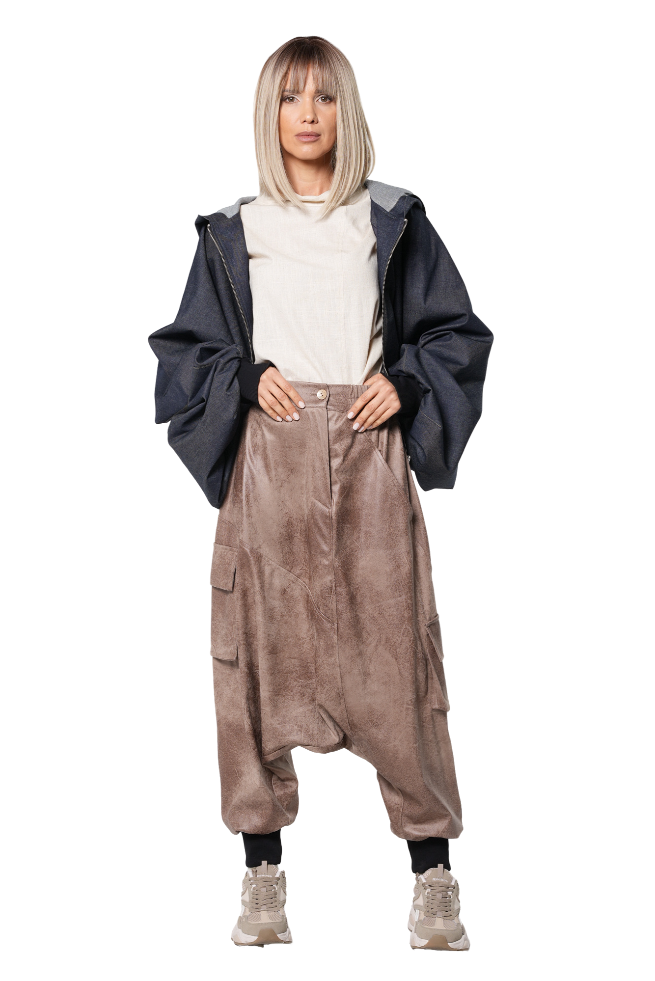 Metamorphoza Faux Suede Drop Crotch Pants with Cargo Pockets