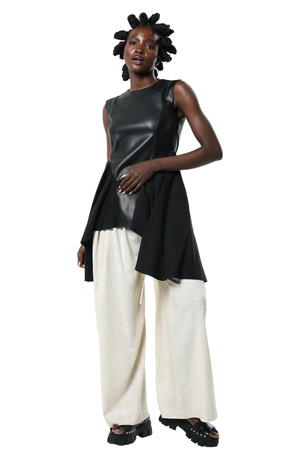 Thumbnail: Metamorphoza Sleeveless Asymmetric Top With Vegan Leather