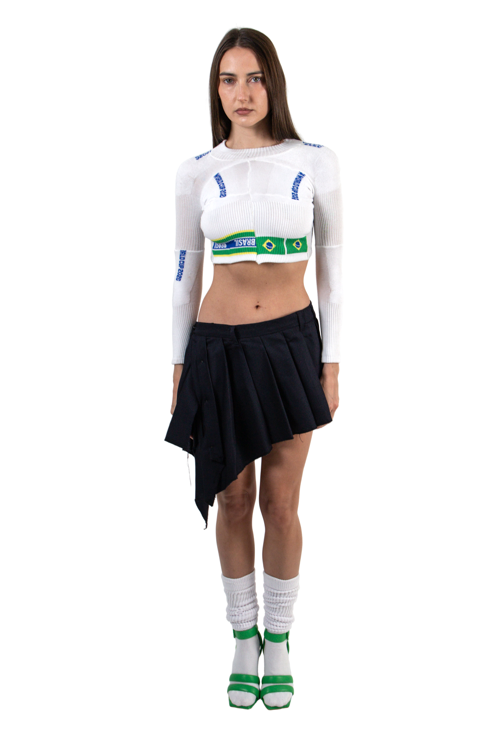 VLACKBOOK Brazil World Cup 2026 Sock Cropped Long Sleeve Top in White