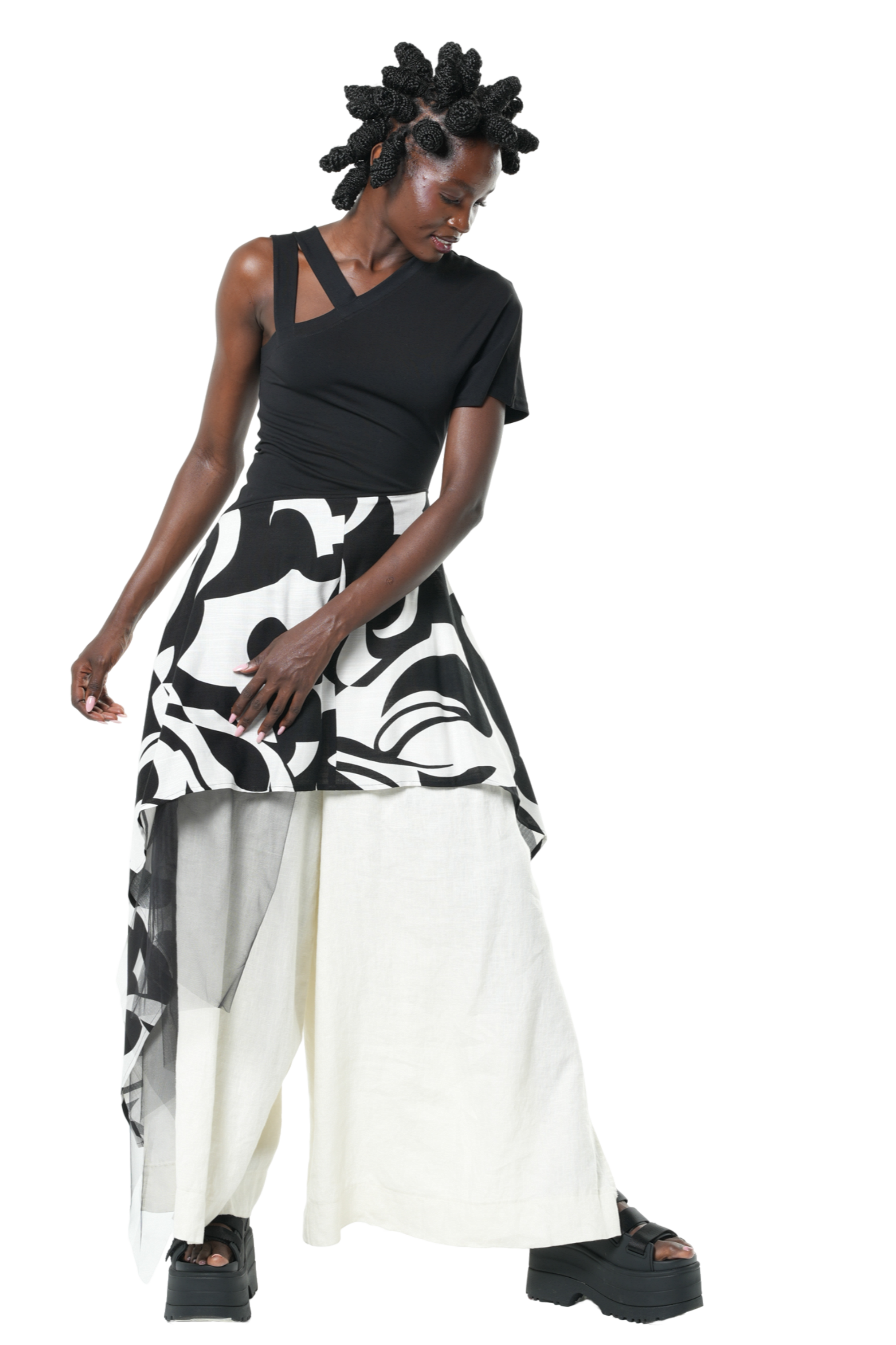Metamorphoza Open Shoulder Long Top With Print and Tulle Layer in Black