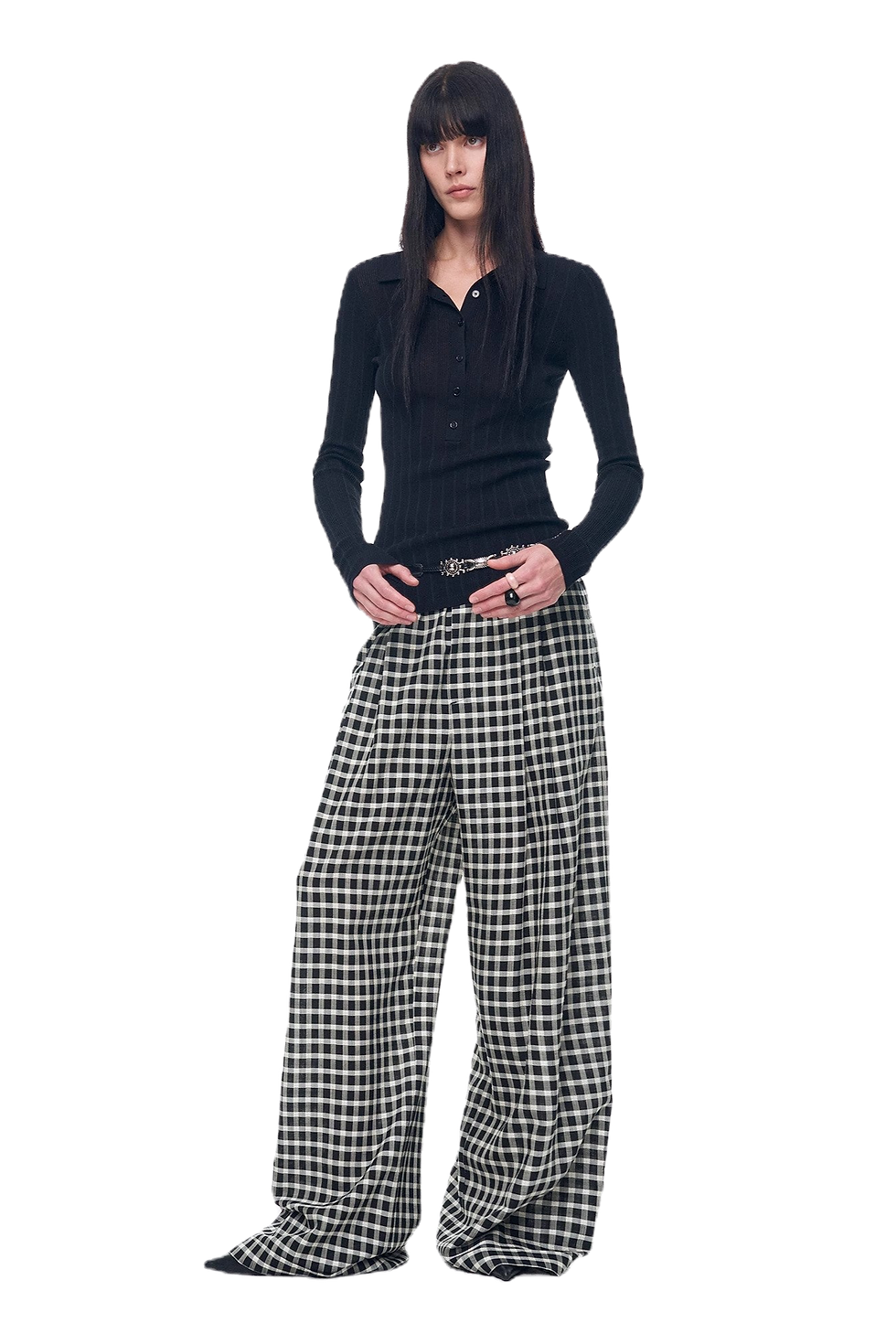 Thumbnail: Firelady Fur "Plaid Accent" National Style Jacquard/Drape Linen Retro Pants  in Black/white