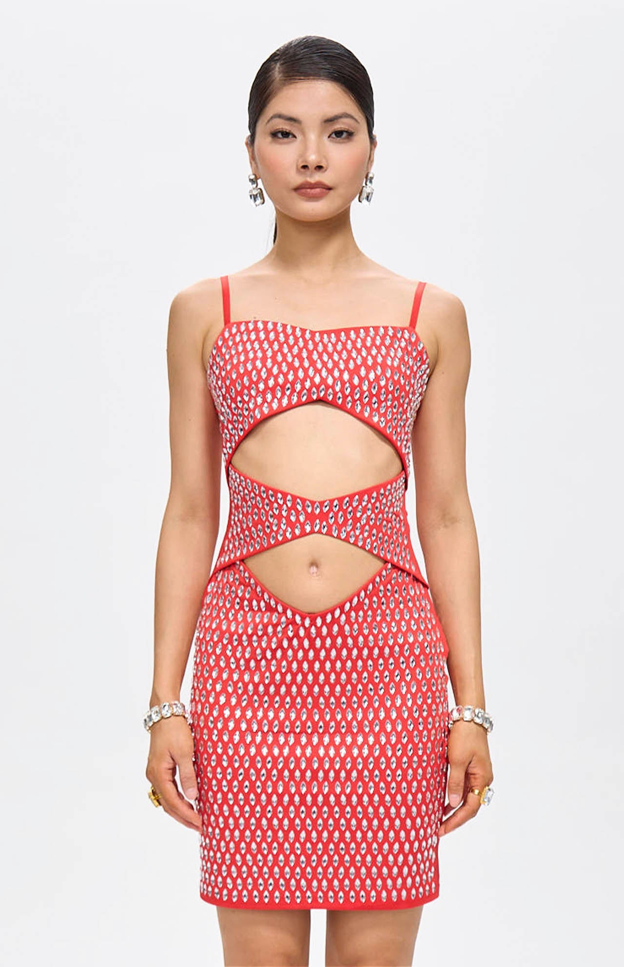 "Edge of Love" Red Embellished Cut-Out Crystal Mini Dress