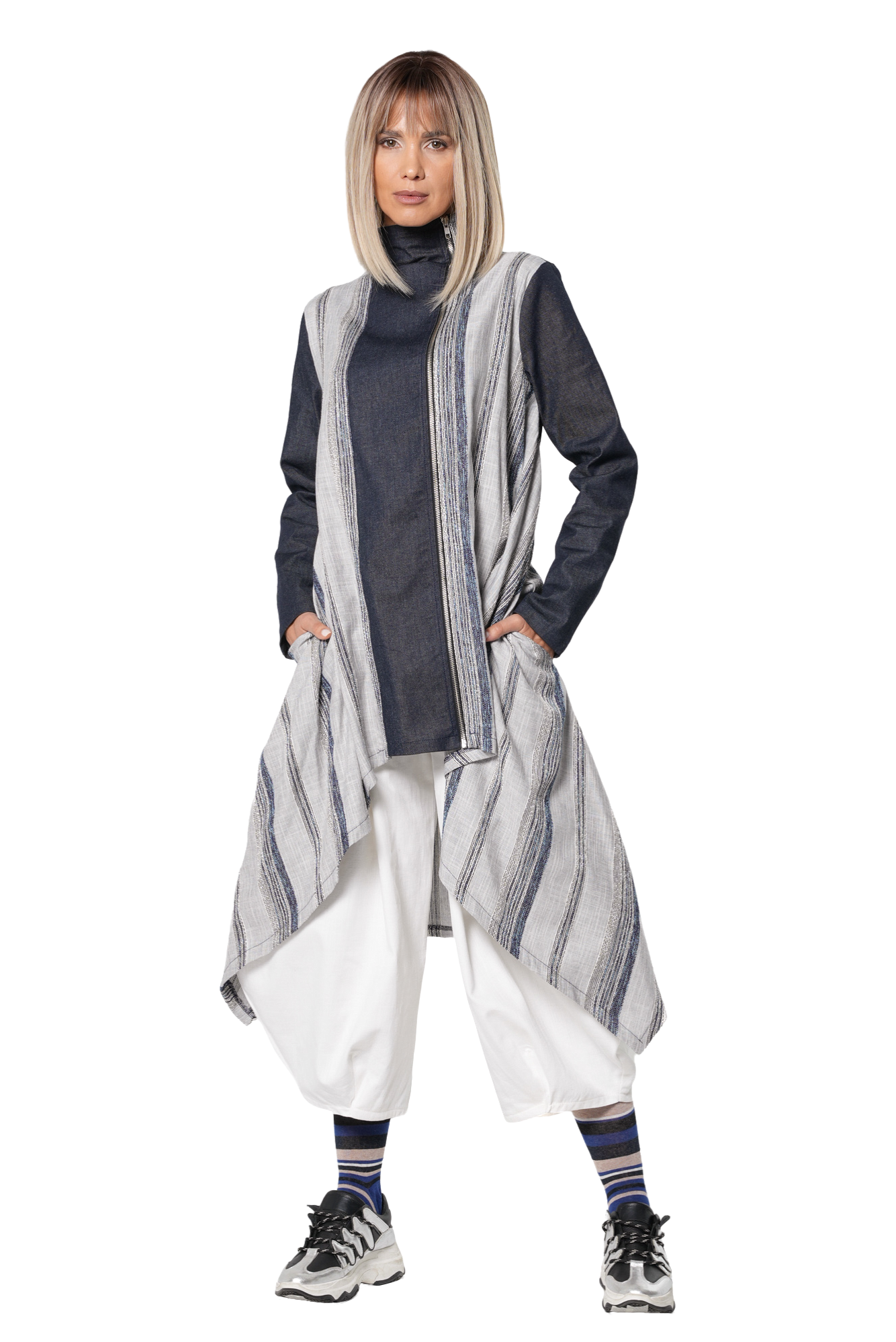 Metamorphoza High-Low Denim Tunic Top with Striped Panels