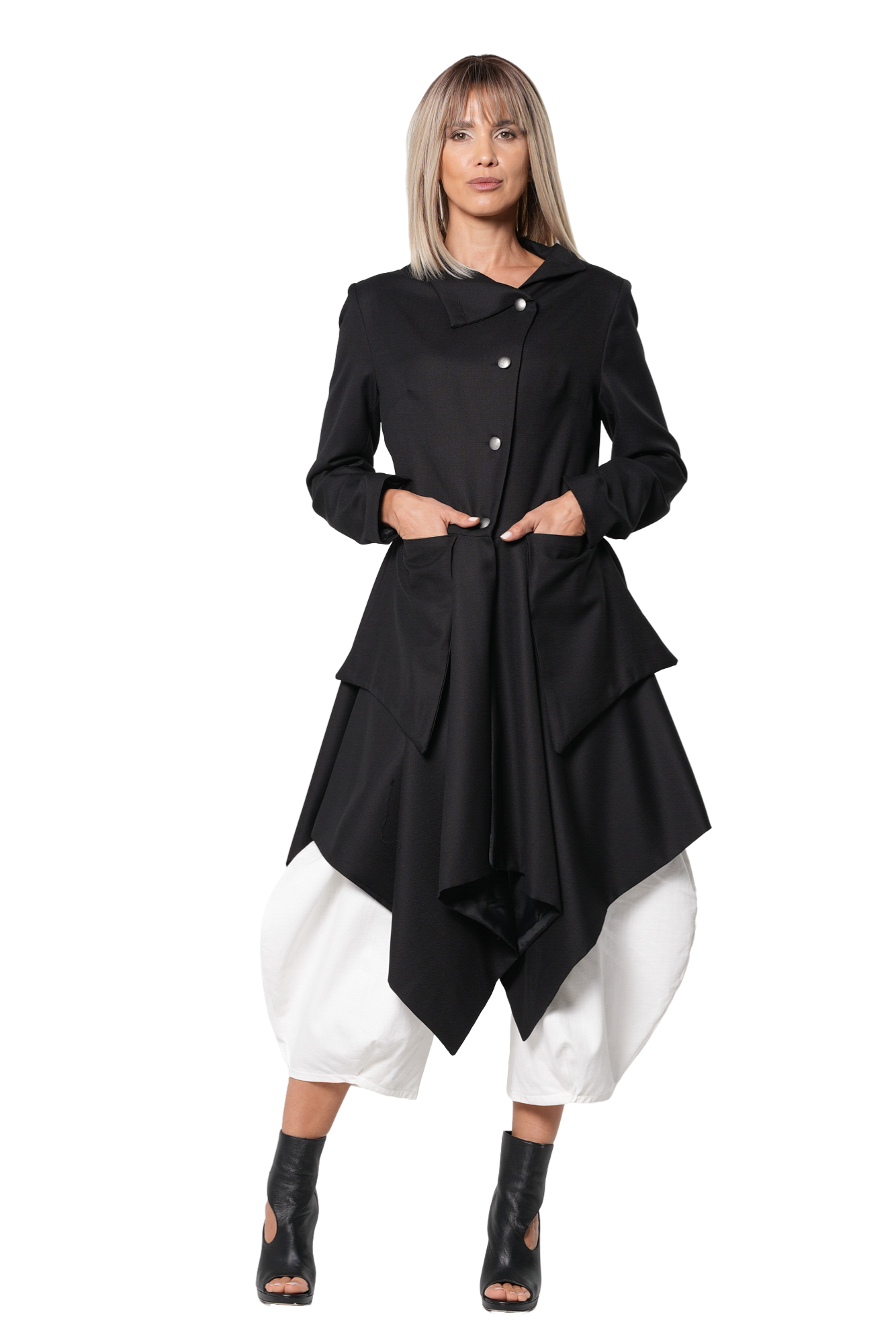 Metamorphoza 100% Wool Asymmetric Long Coat with Statement Pockets