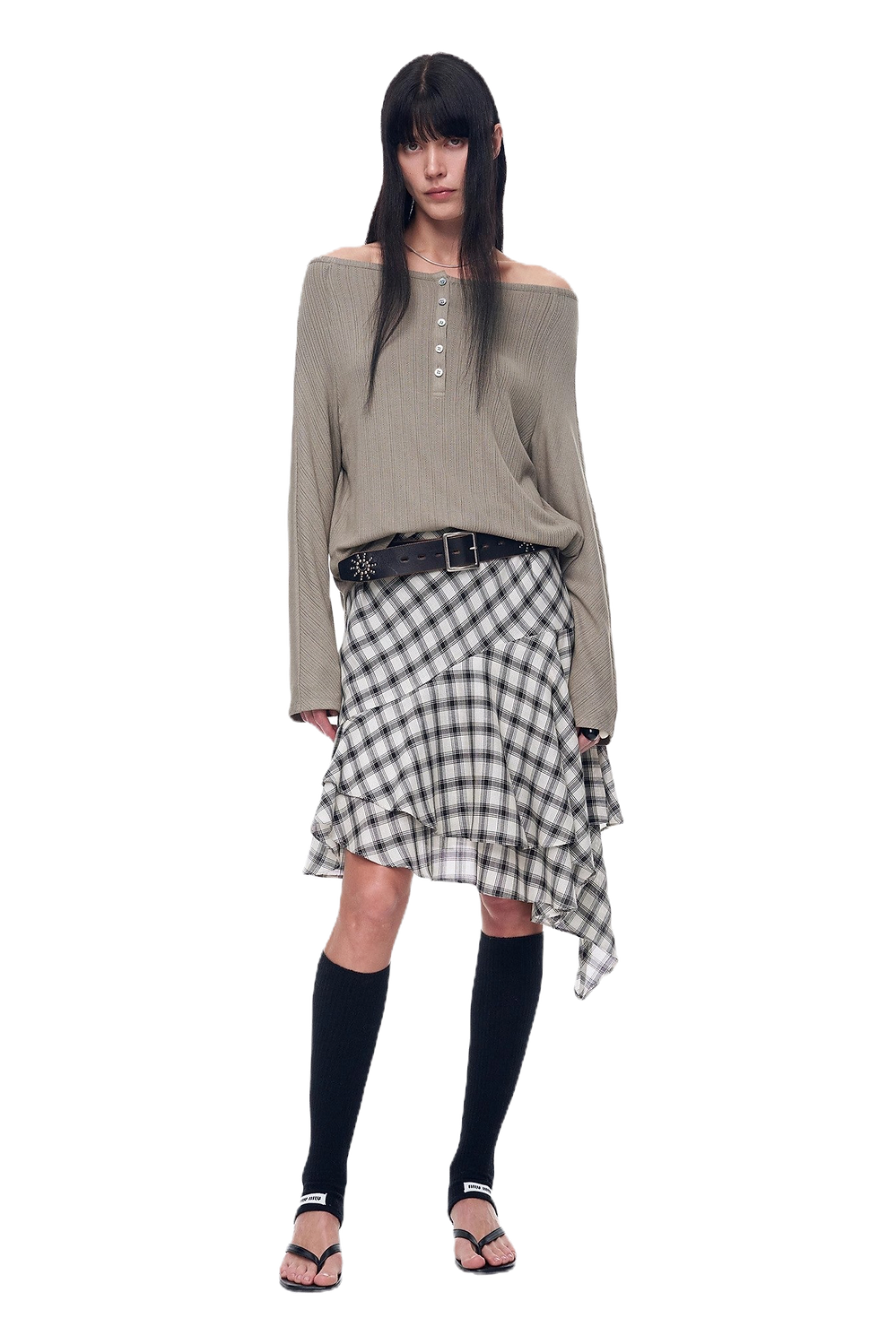 Thumbnail: Firelady Fur "Fashion Law" Casual One-Shoulder Raglan Sleeve T-Shirt Top in Army Green Gray