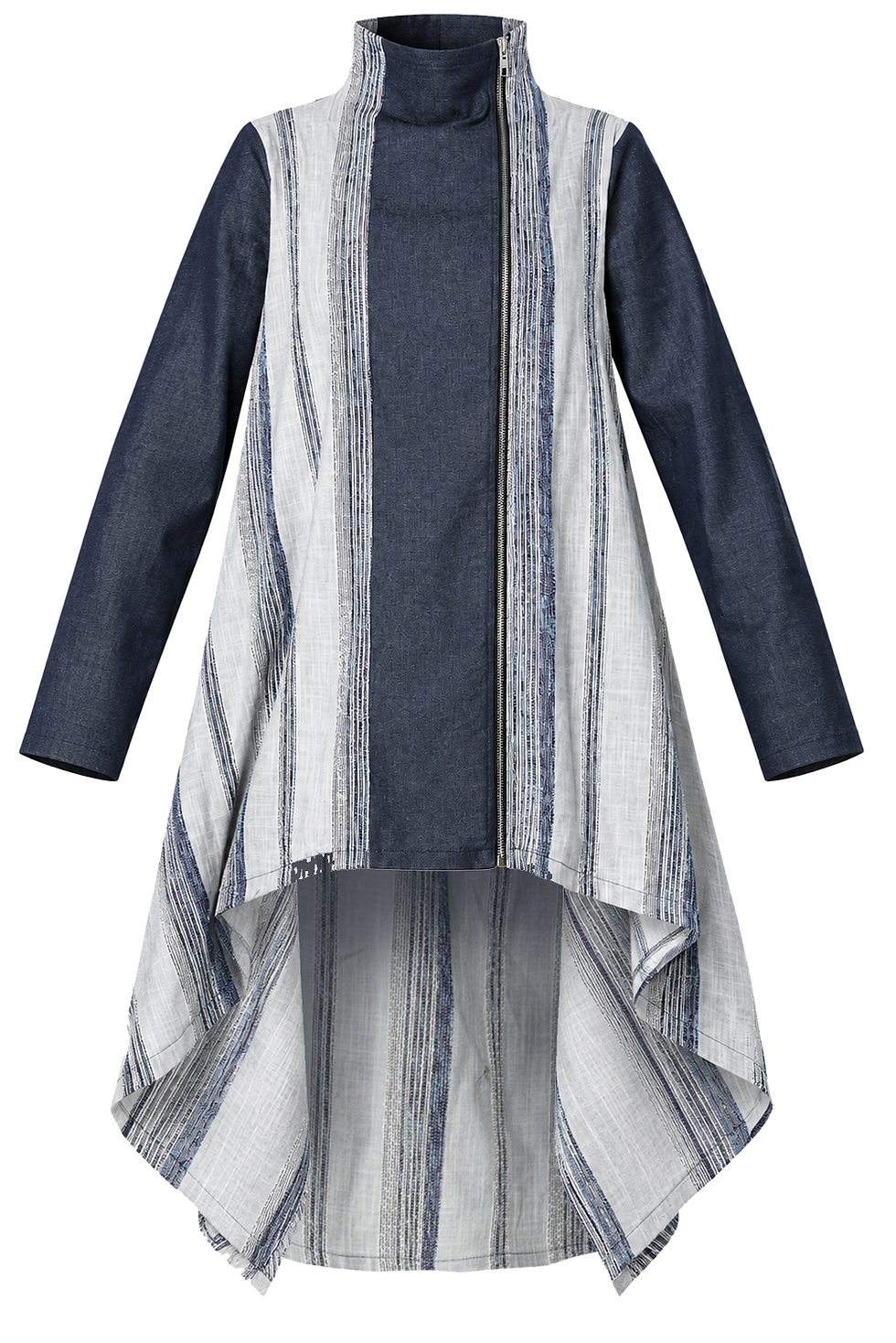 Metamorphoza High-Low Denim Tunic Top with Striped Panels