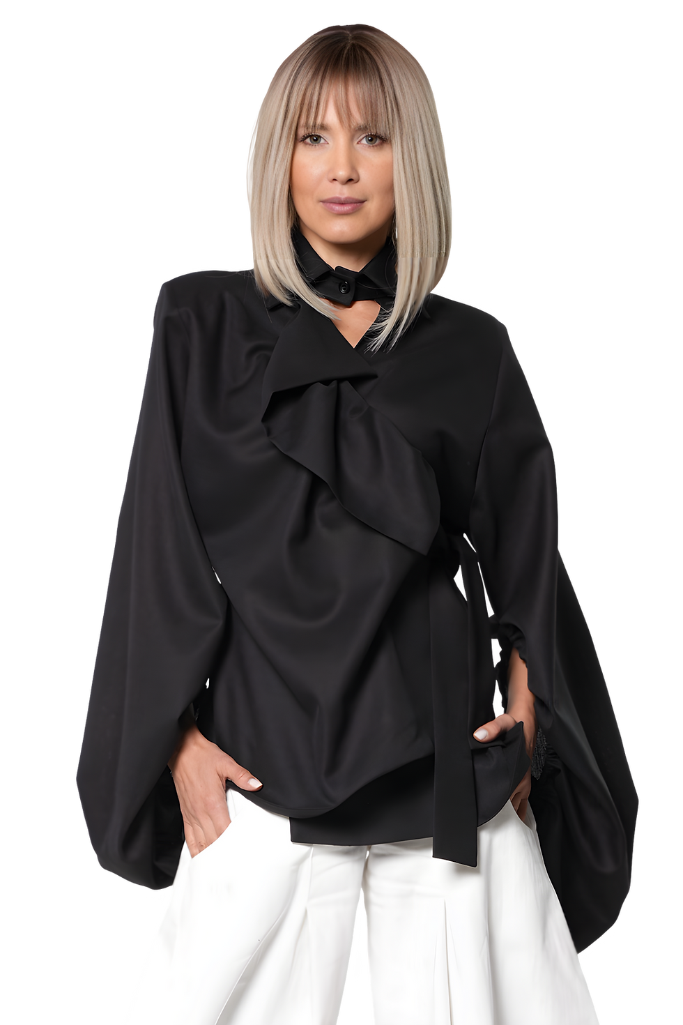 Metamorphoza Black 100% Wool Wrap Blouse with Statement Sleeves