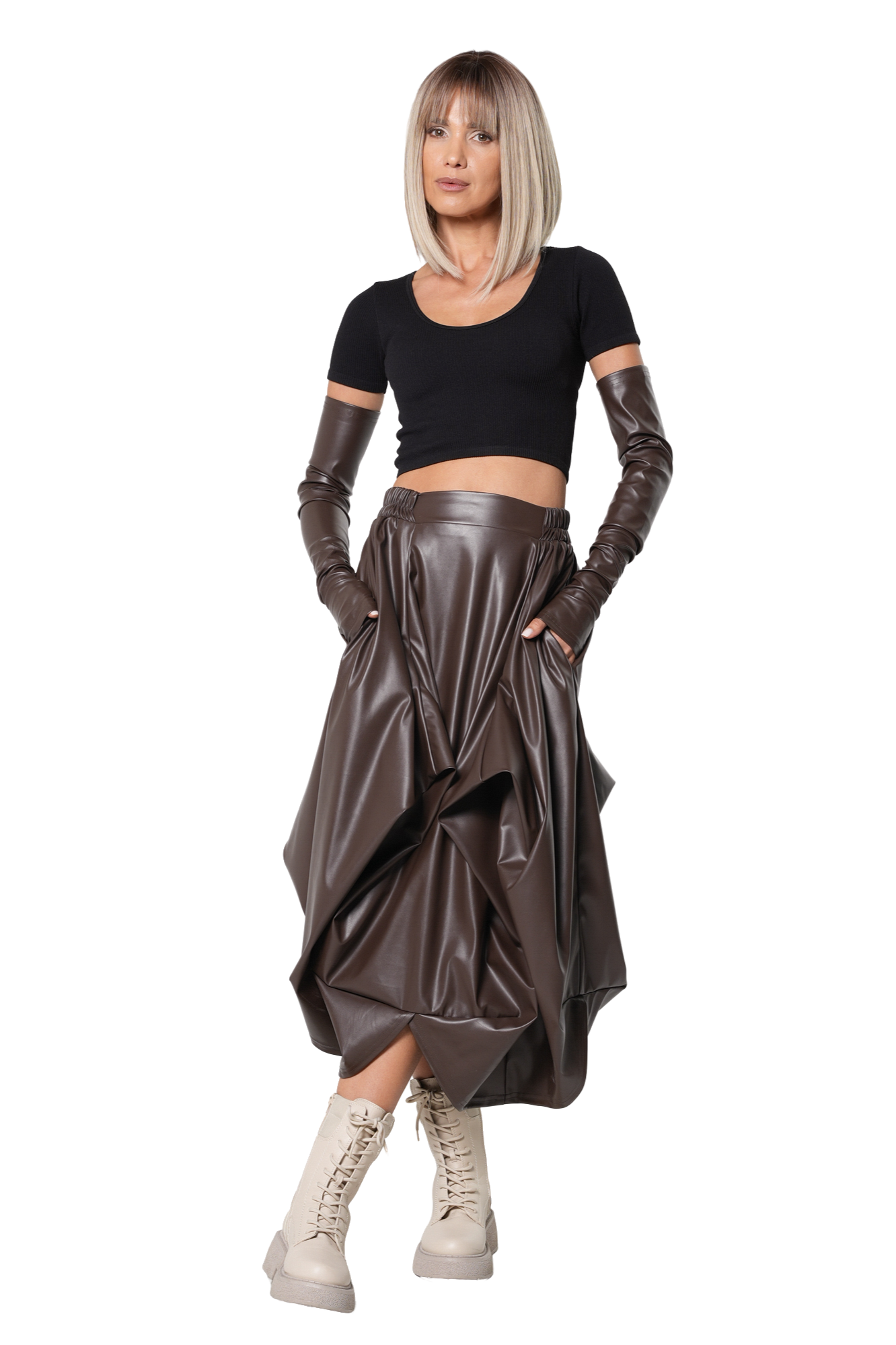 Metamorphoza Brown Vegan Leather Midi Skirt with Sculptural Folds and Gloves Set