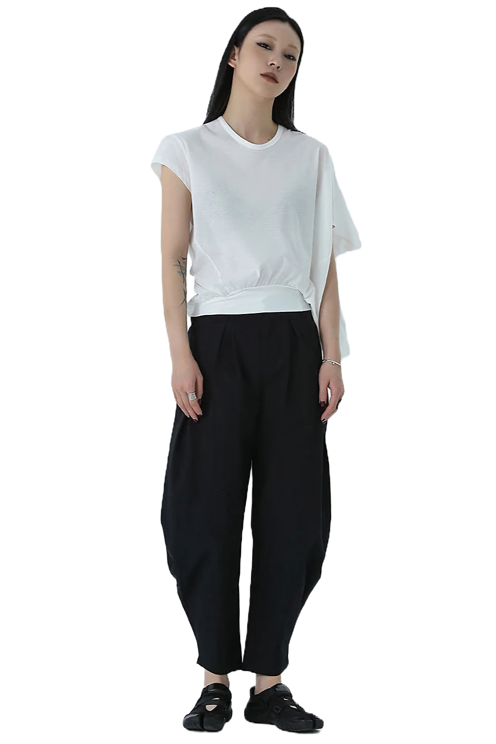 Thumbnail: Marigold Shadows Draped Asymmetric Cotton Blouse - White