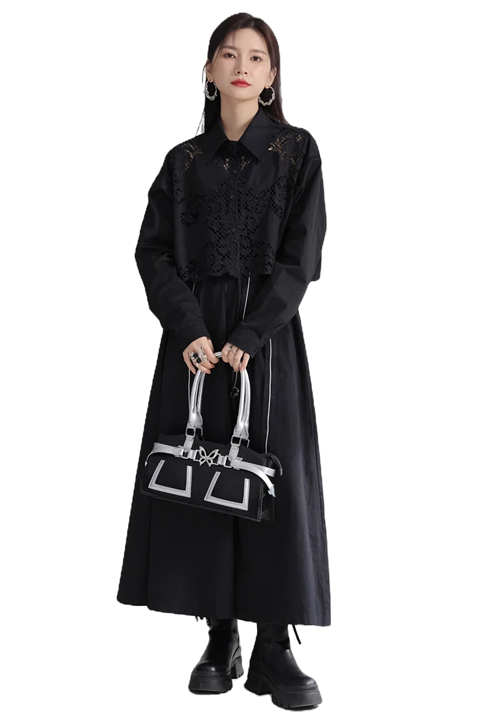 Thumbnail: Marigold Shadows Sherrm Doiley Crop Button Up - Black