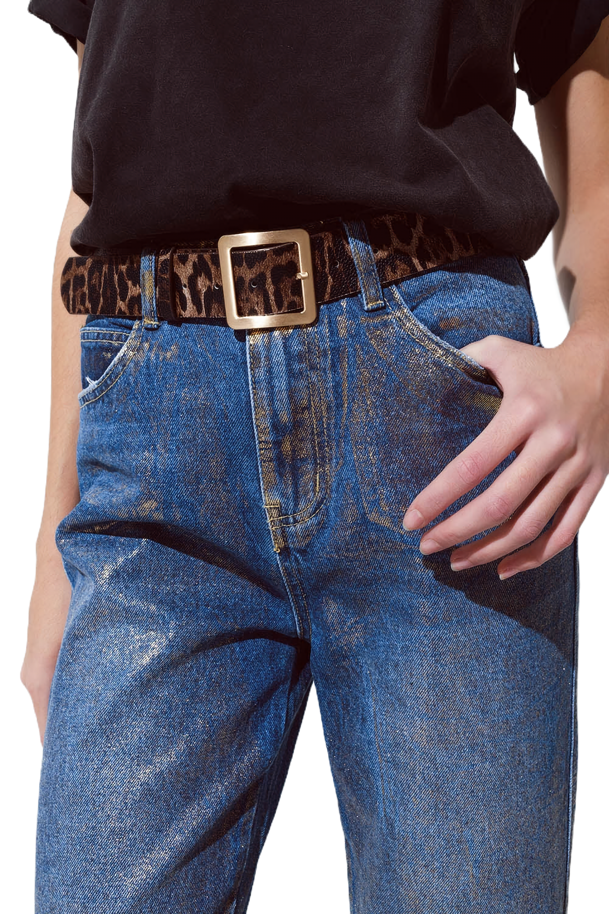 Q2 Straight Leg Ripped Jeans With Gold Metallic Glow