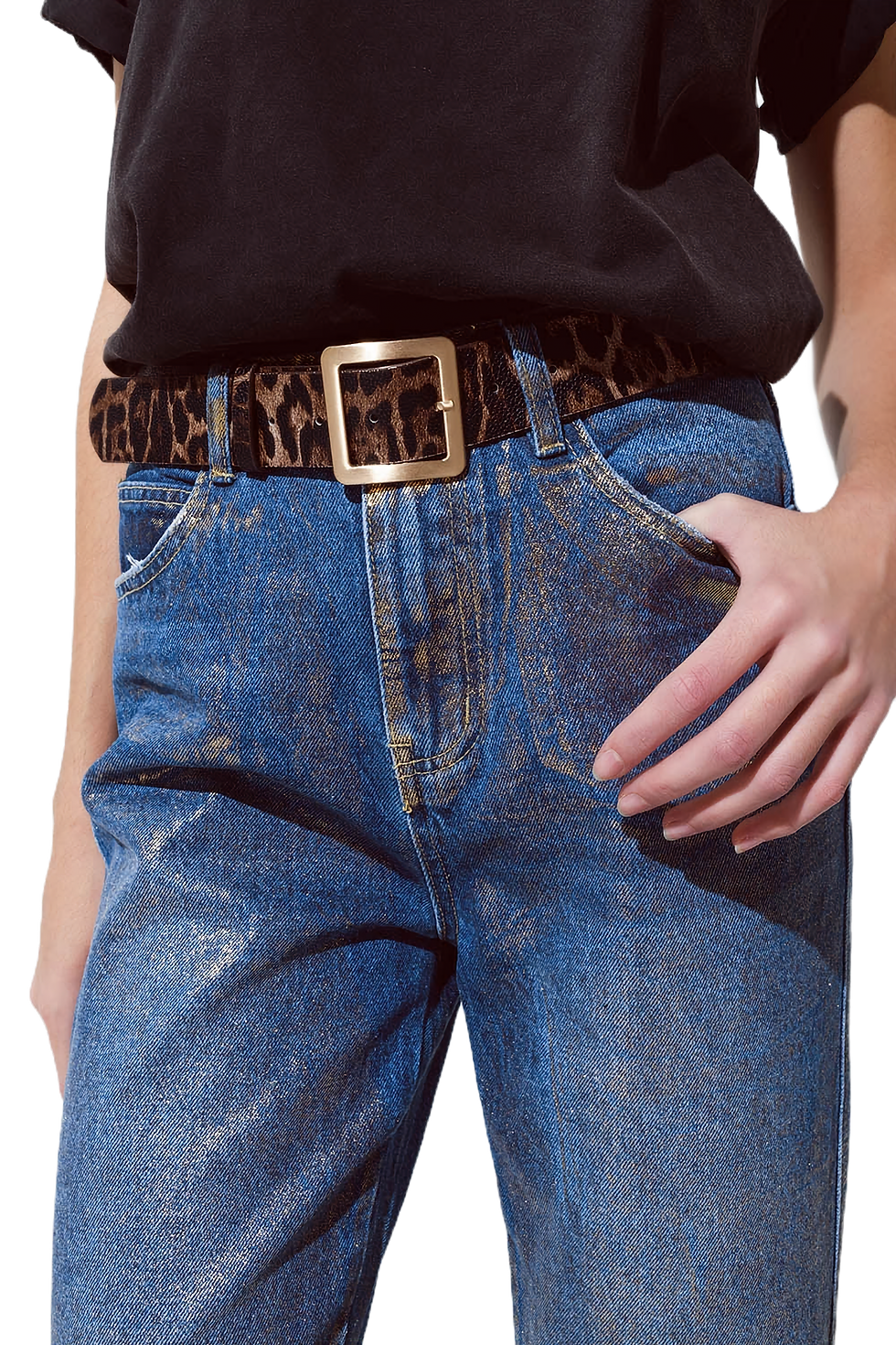 Thumbnail: Q2 Straight Leg Ripped Jeans With Gold Metallic Glow
