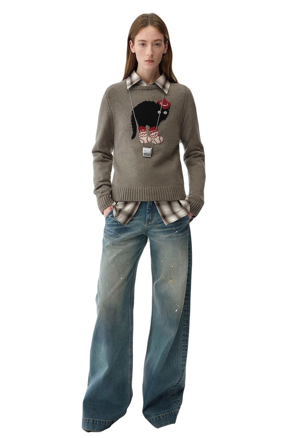 Thumbnail: Firelady Fur "Climber" Leather-Coated Distressed Low-Rise Denim Trousers