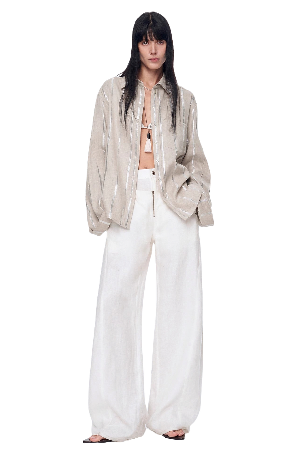 Firelady Fur "Anonymous Letter" Silver Stripe Trumpet Sleeve Linen Cropped Shirt