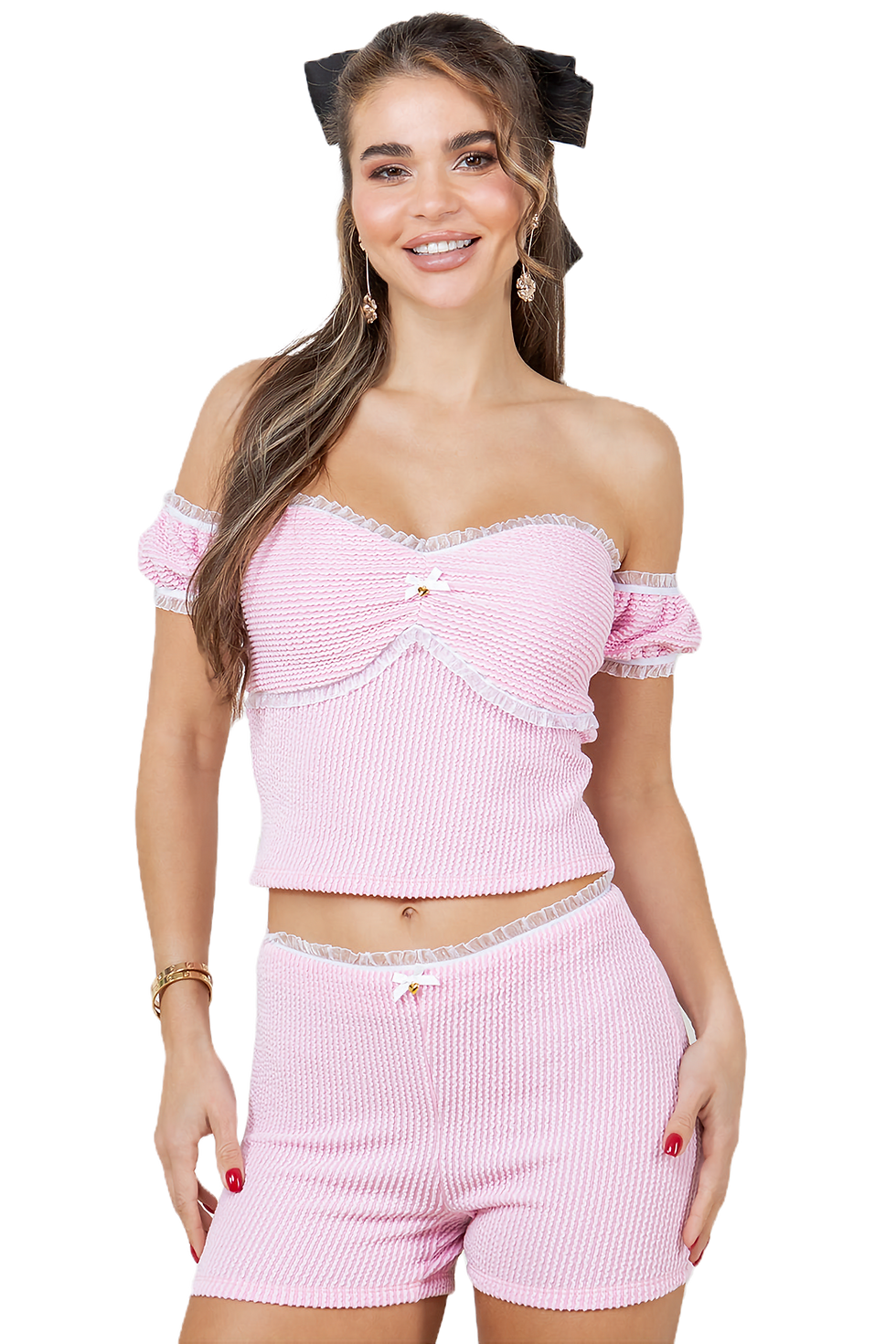 RESAMON Off-Shoulder Ribbed Lounge Set - Pink