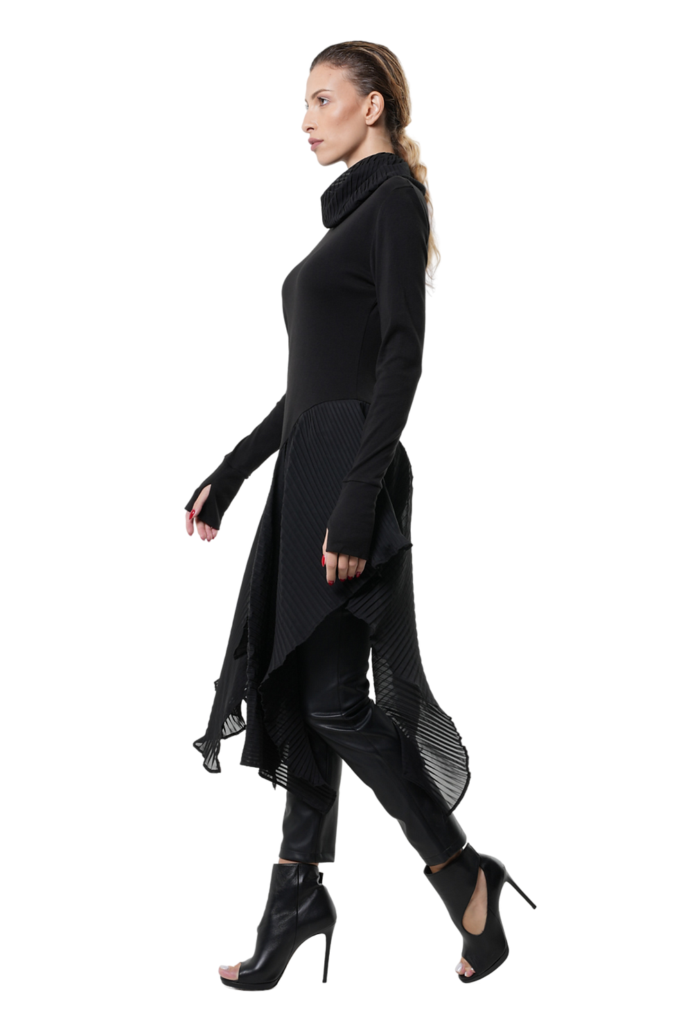Thumbnail: Metamorphoza Turtleneck Black Tunic with Pleated Chiffon Layer