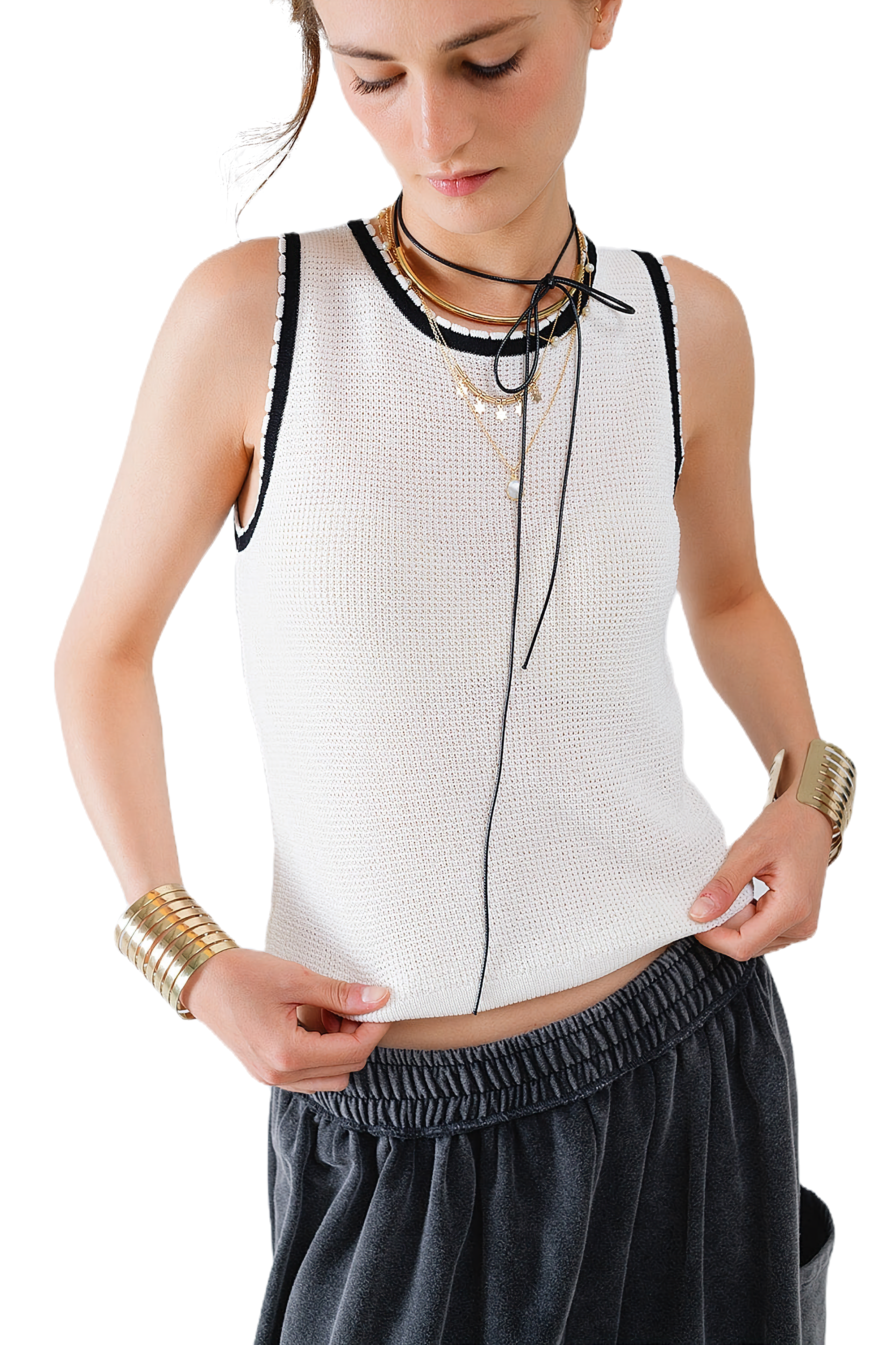 Q2 Pointelle White Sleeveless Top With Black and White Trim Detail