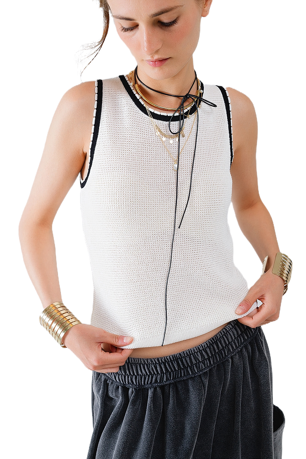 Thumbnail: Q2 Pointelle White Sleeveless Top With Black and White Trim Detail