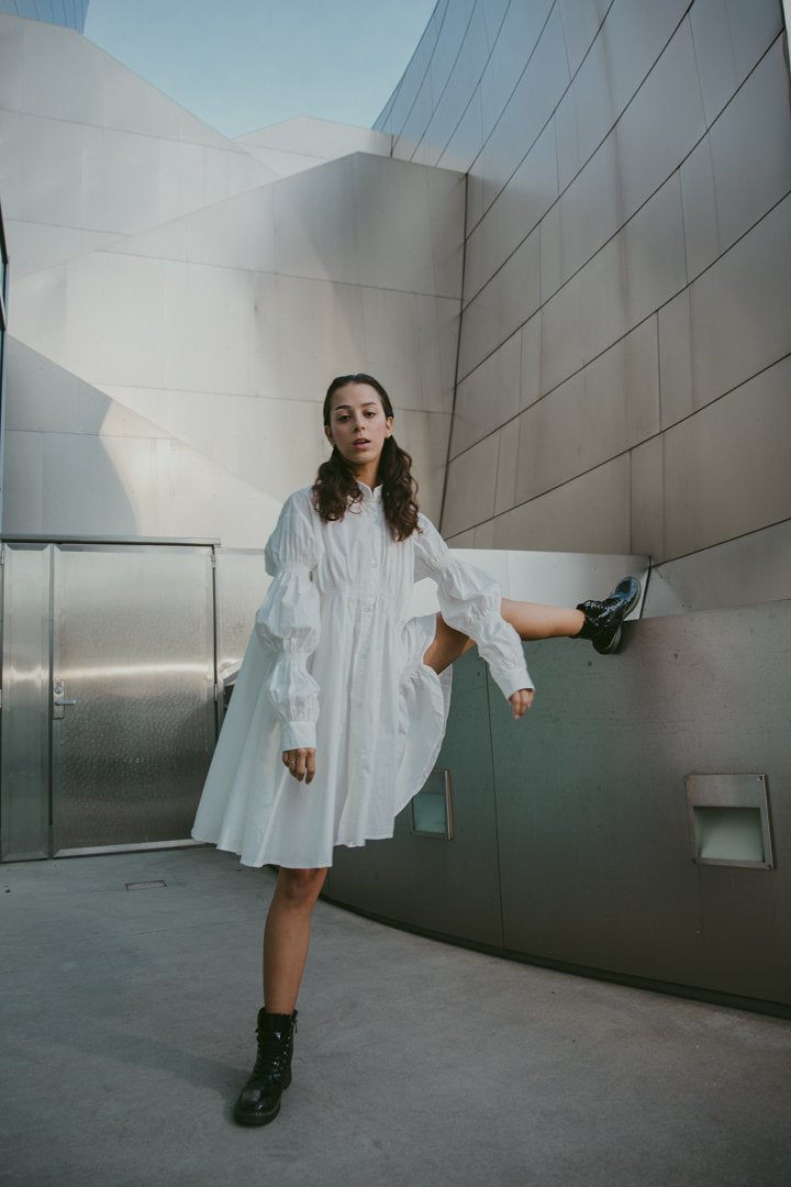 Marigold Shadows White Gathered Cotton Stand Collar Dress