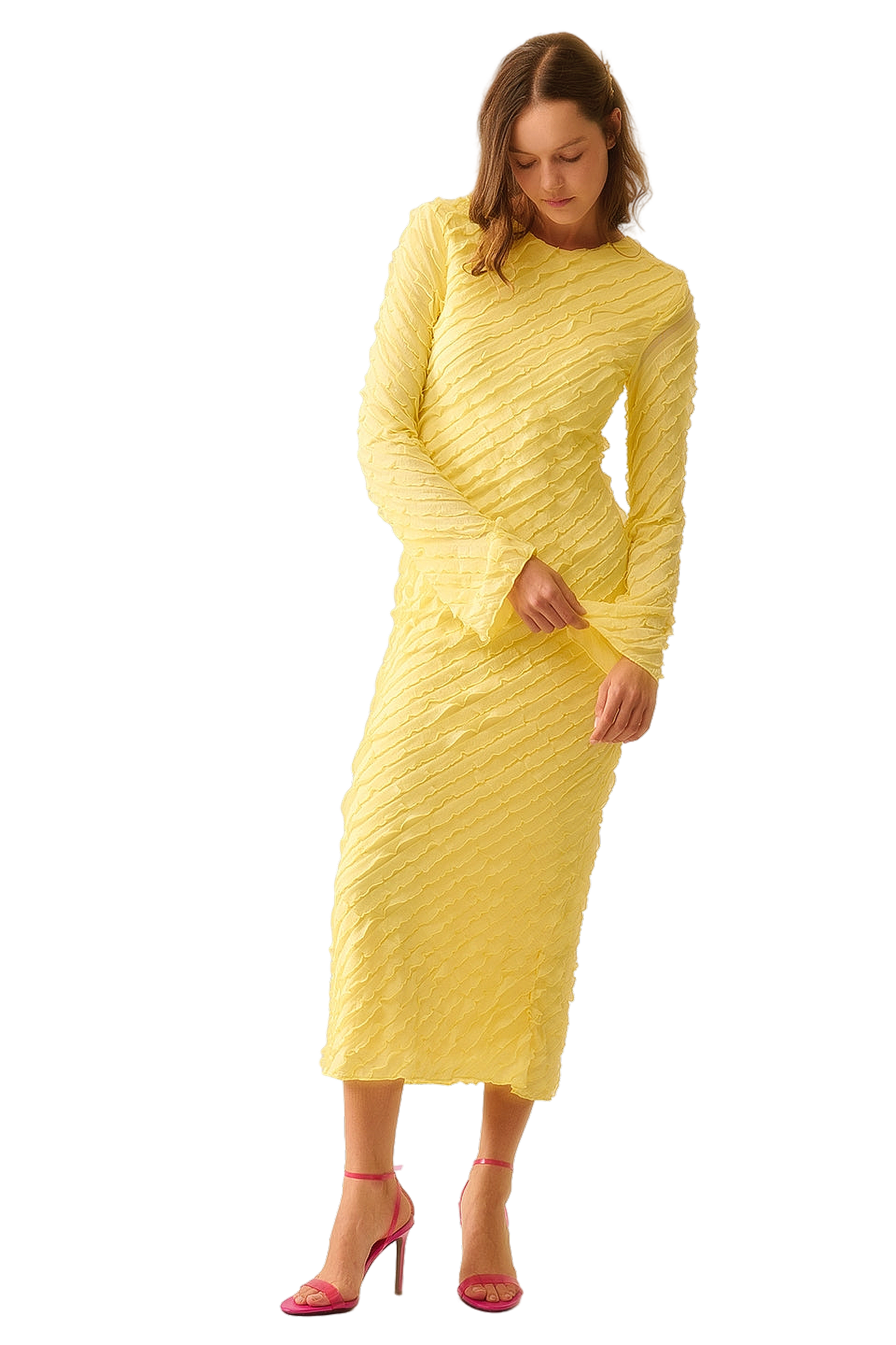 Q2 Butter Yellow Maxi Dress With Bias Mini Ruffle Design